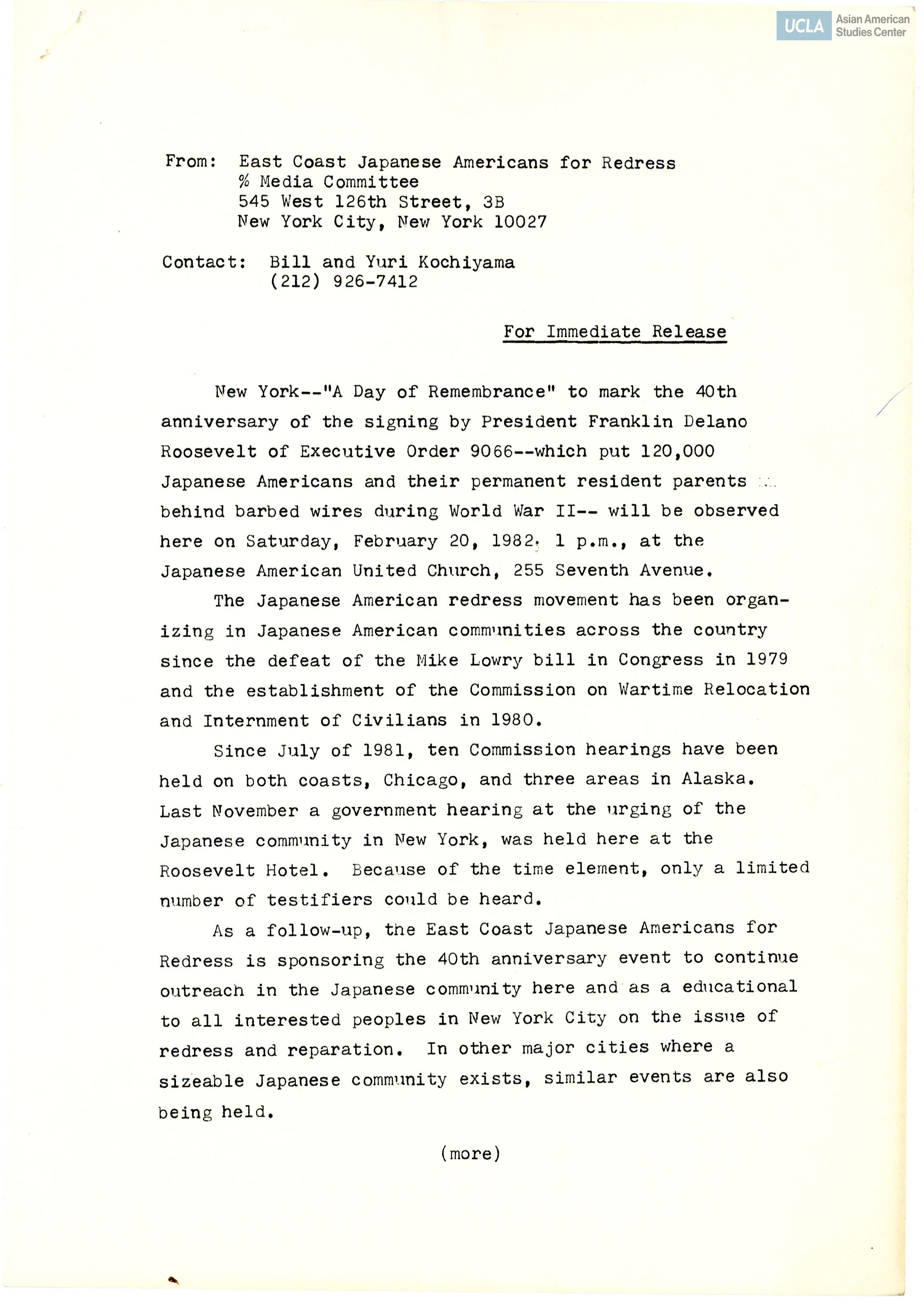 Press release regarding the event for 40th anniversary of the signing of Executive Order 9066.