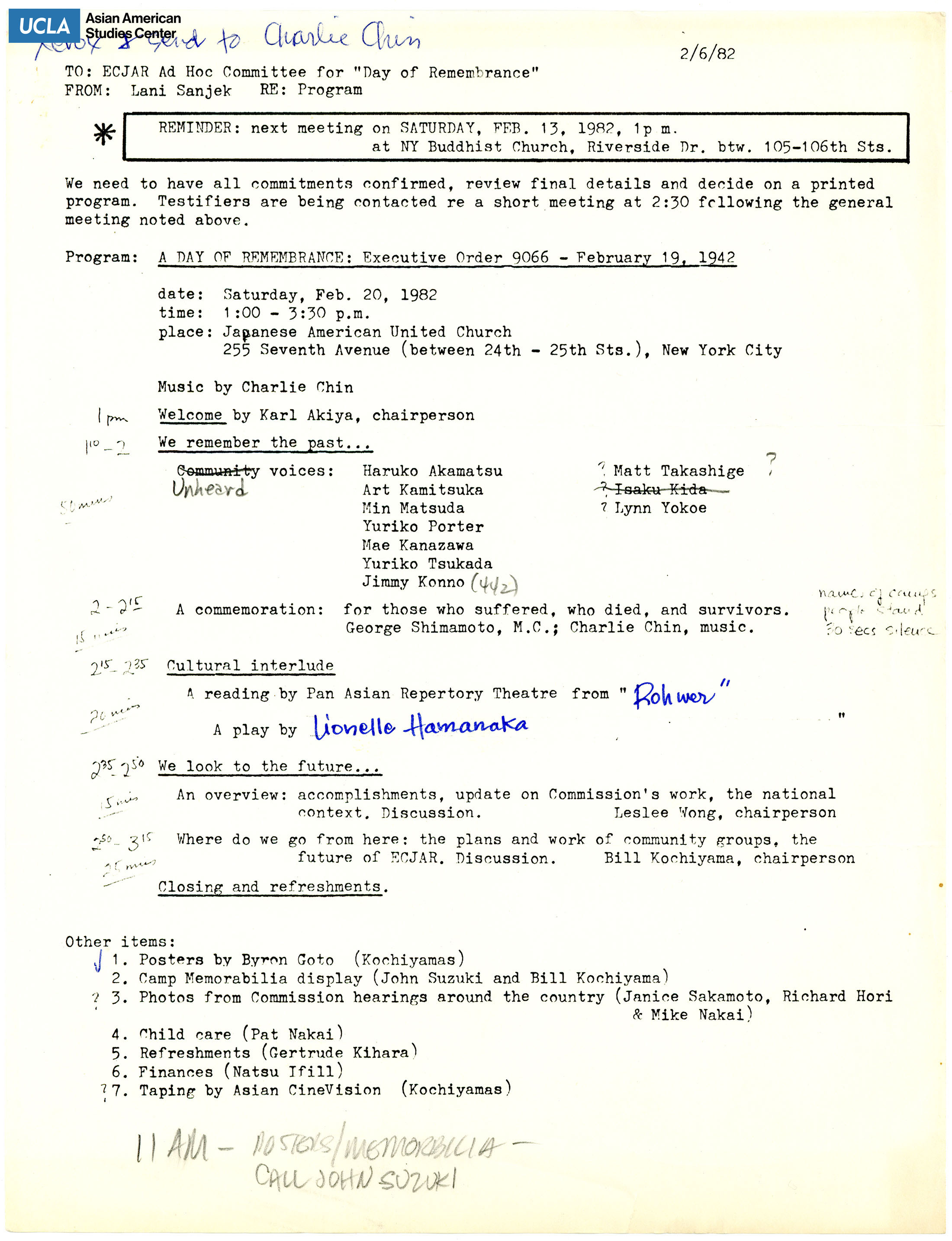Meeting notes regarding the planning of the 40th commemoration of Day of Remembrance.
