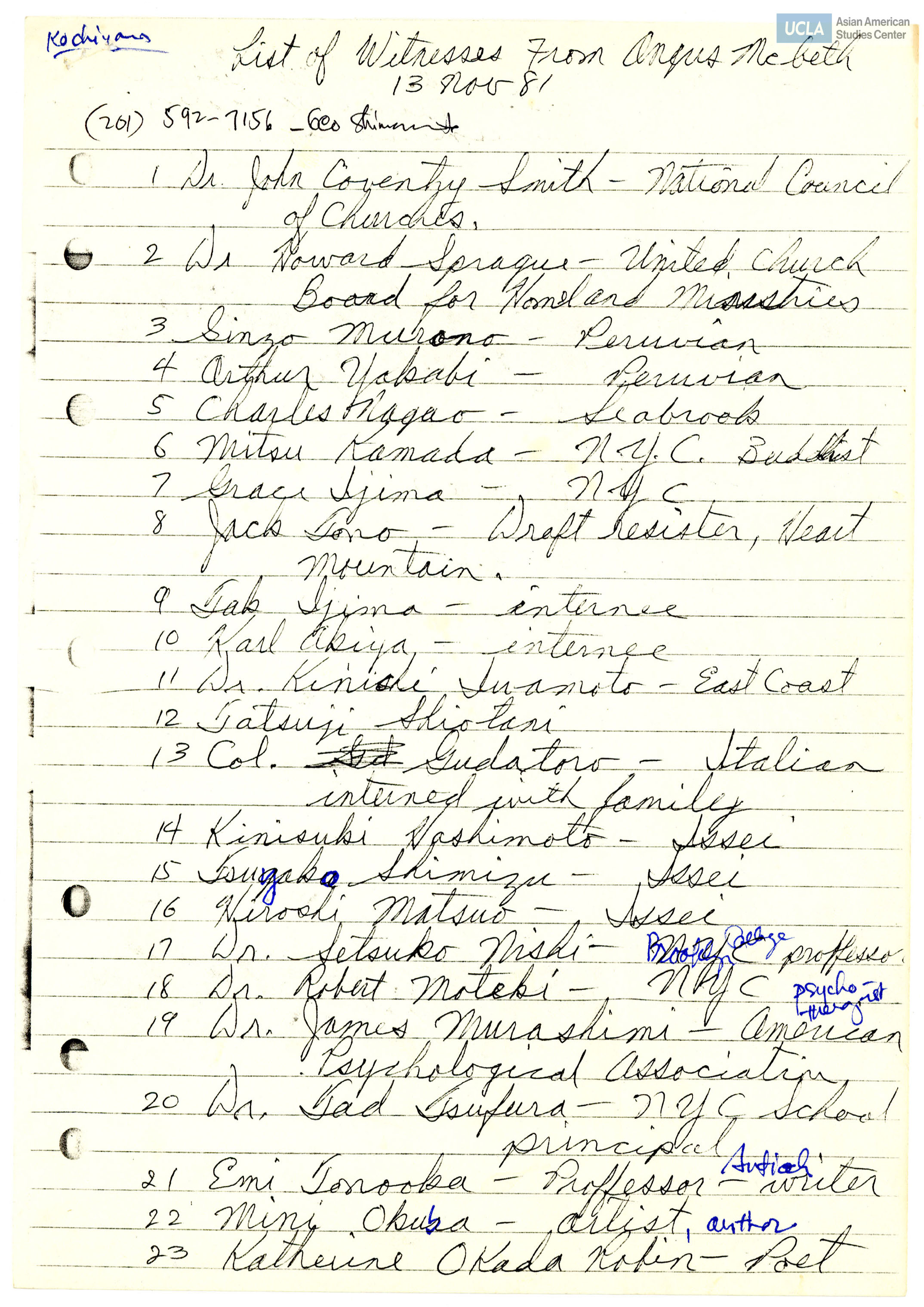 List of possible testifiers for New York hearing.