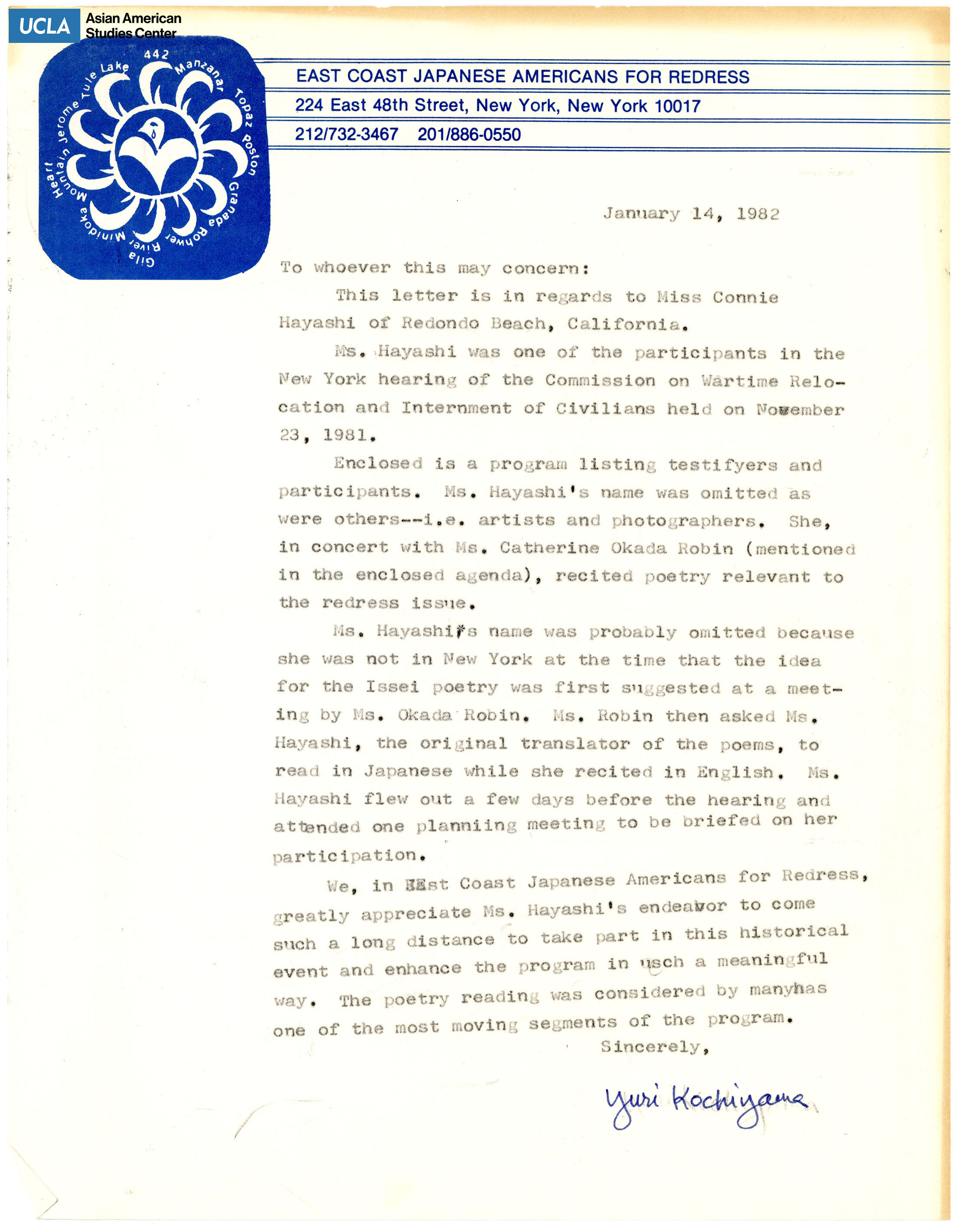 Letter regarding Connie Hayashi's poem being omitted from testimony.