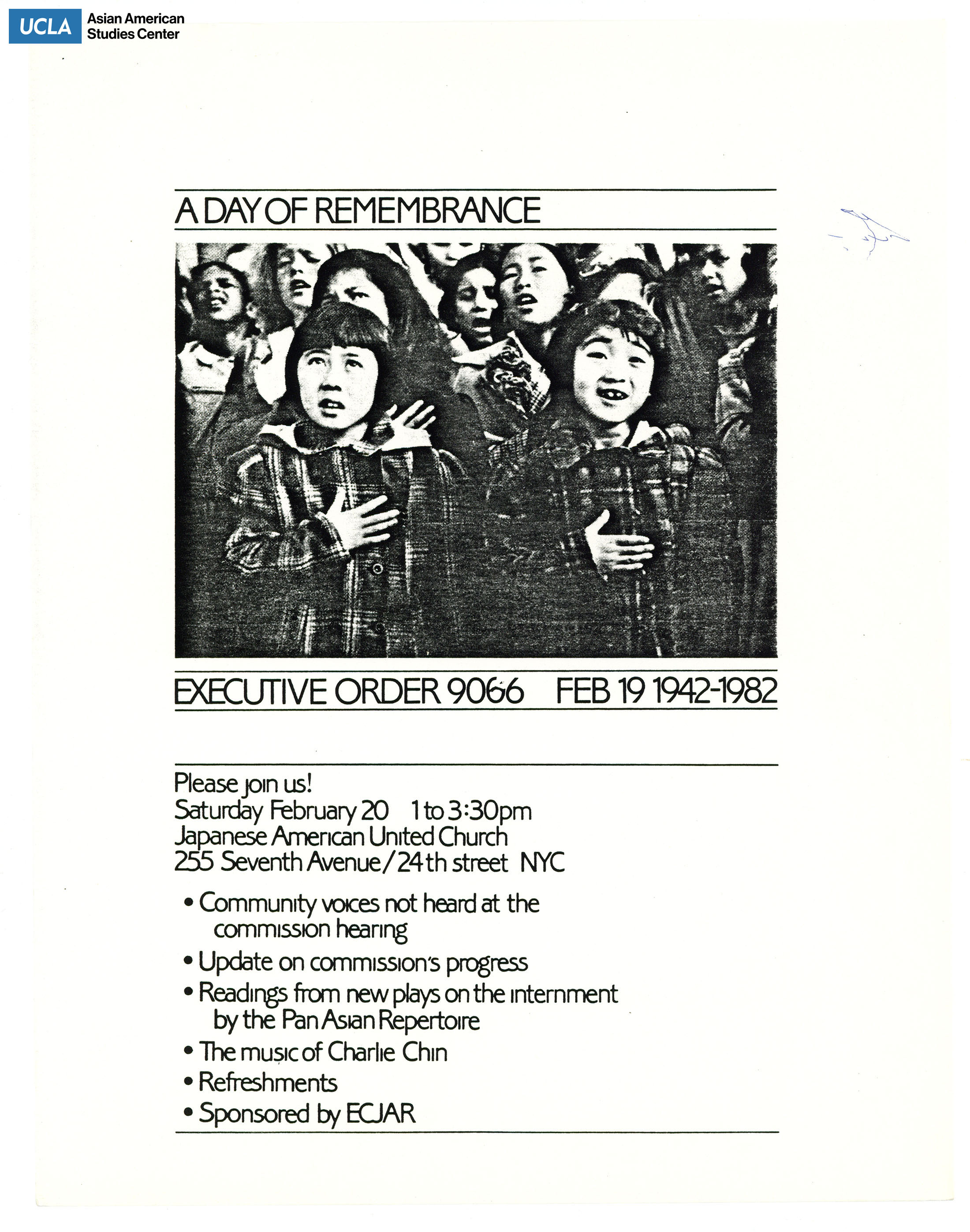 Flyer regarding the 40th anniversary of the signing of Executive Order 9066. Event includes information on commission progress.