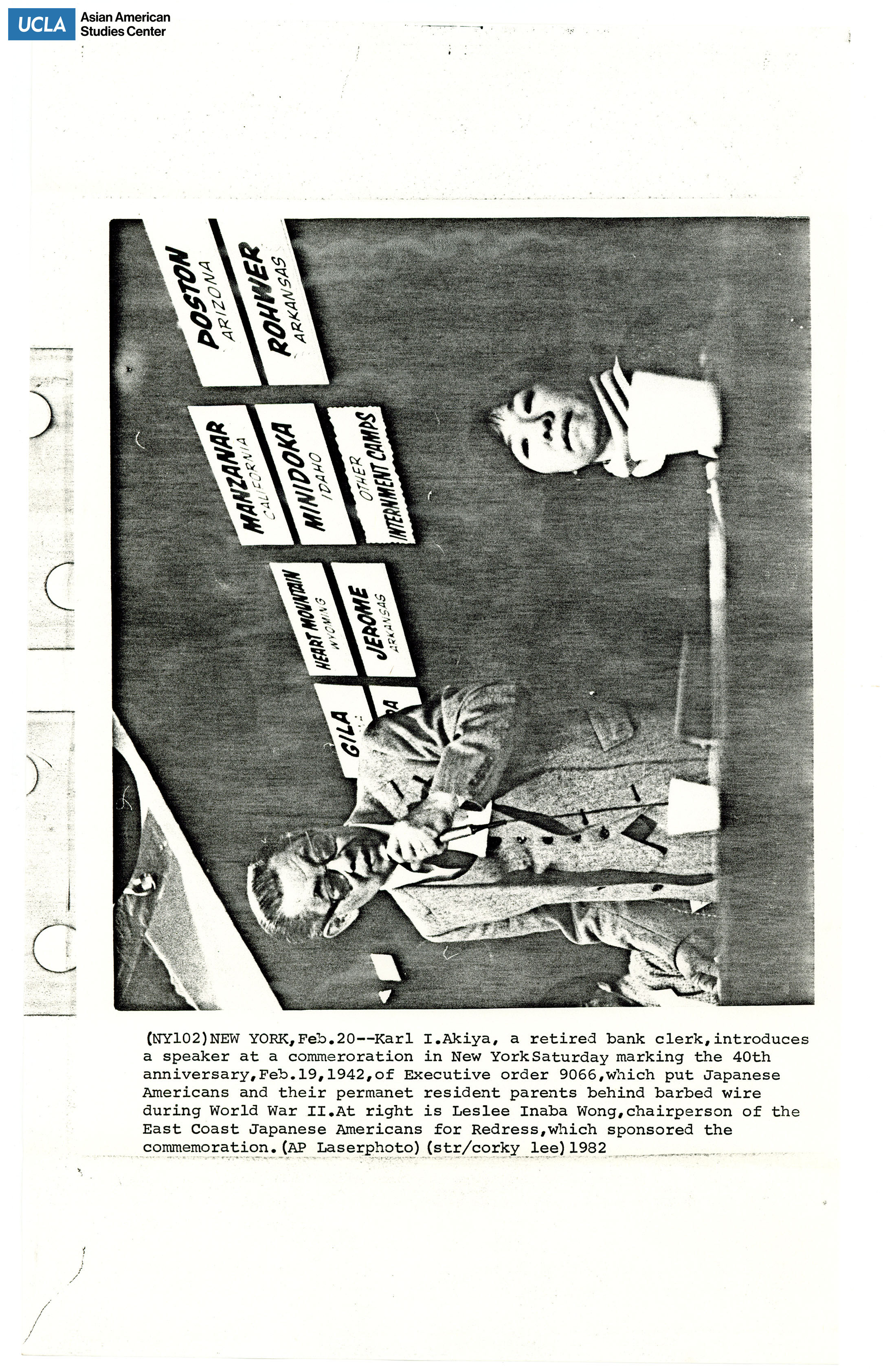 Clipping regarding image of Karl I. Akiya and Leslee Inaba Wong at 40th Commemoration of Executive Order 9066.