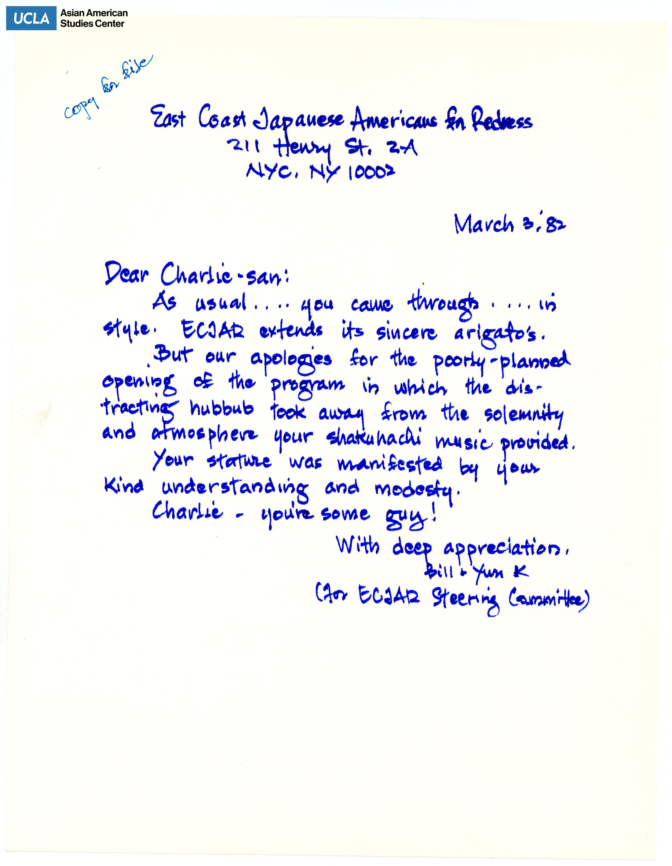 Letter of apology for poorly planned program, which took away from Charlie's music.