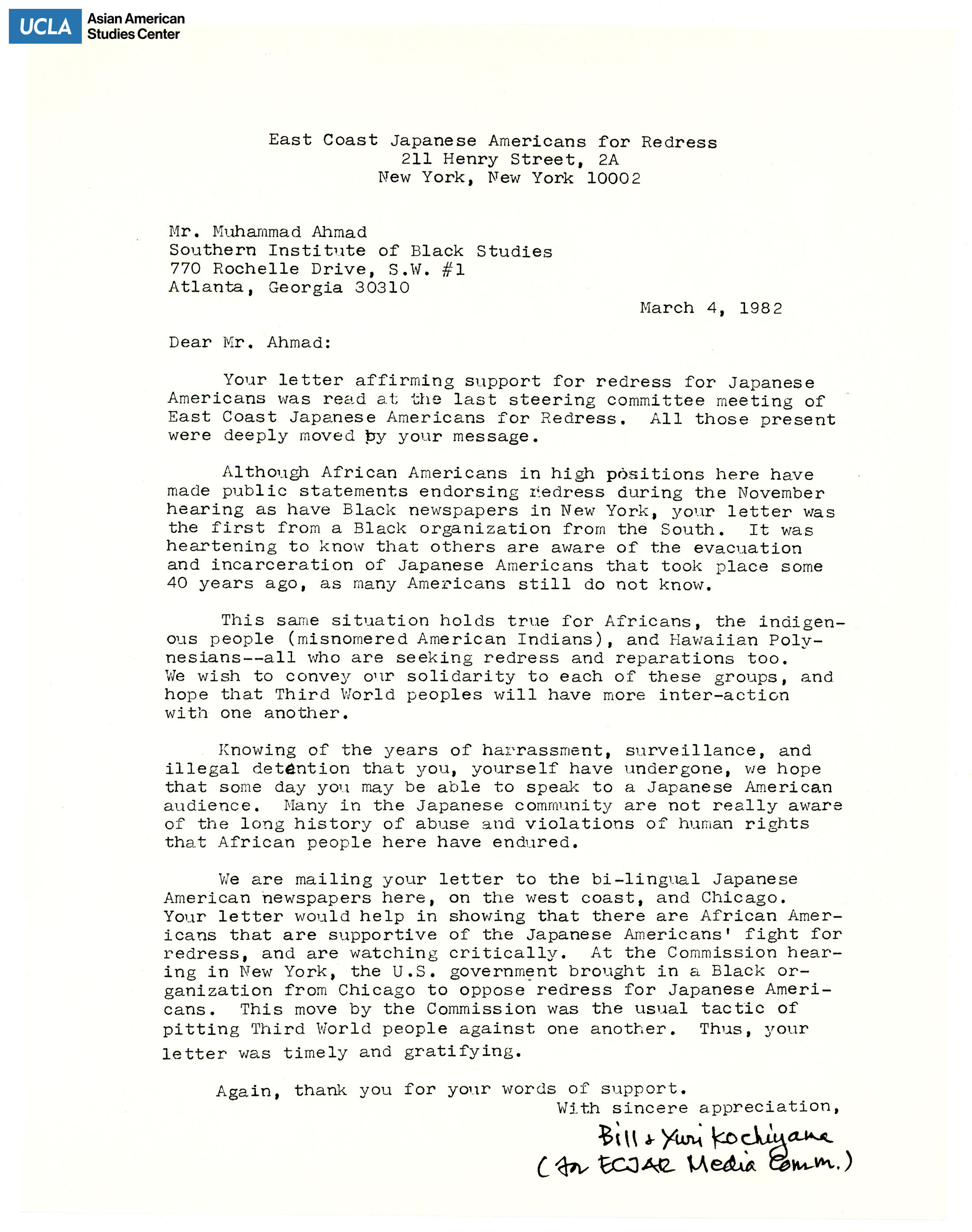 Letter addressed to Muhammad Ahmad, Southern Institute of Black Studies, regarding the suppport for redress of Japanese Americans.