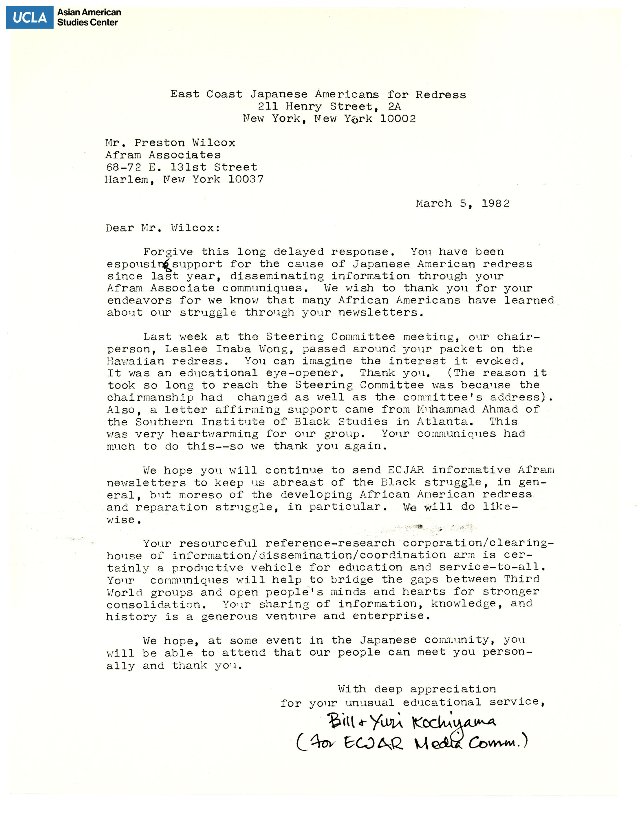 Letter addressed to Preston Wilcox, Afram Associates, regarding an appreciation for work of disseminating information of Japanese American redress.