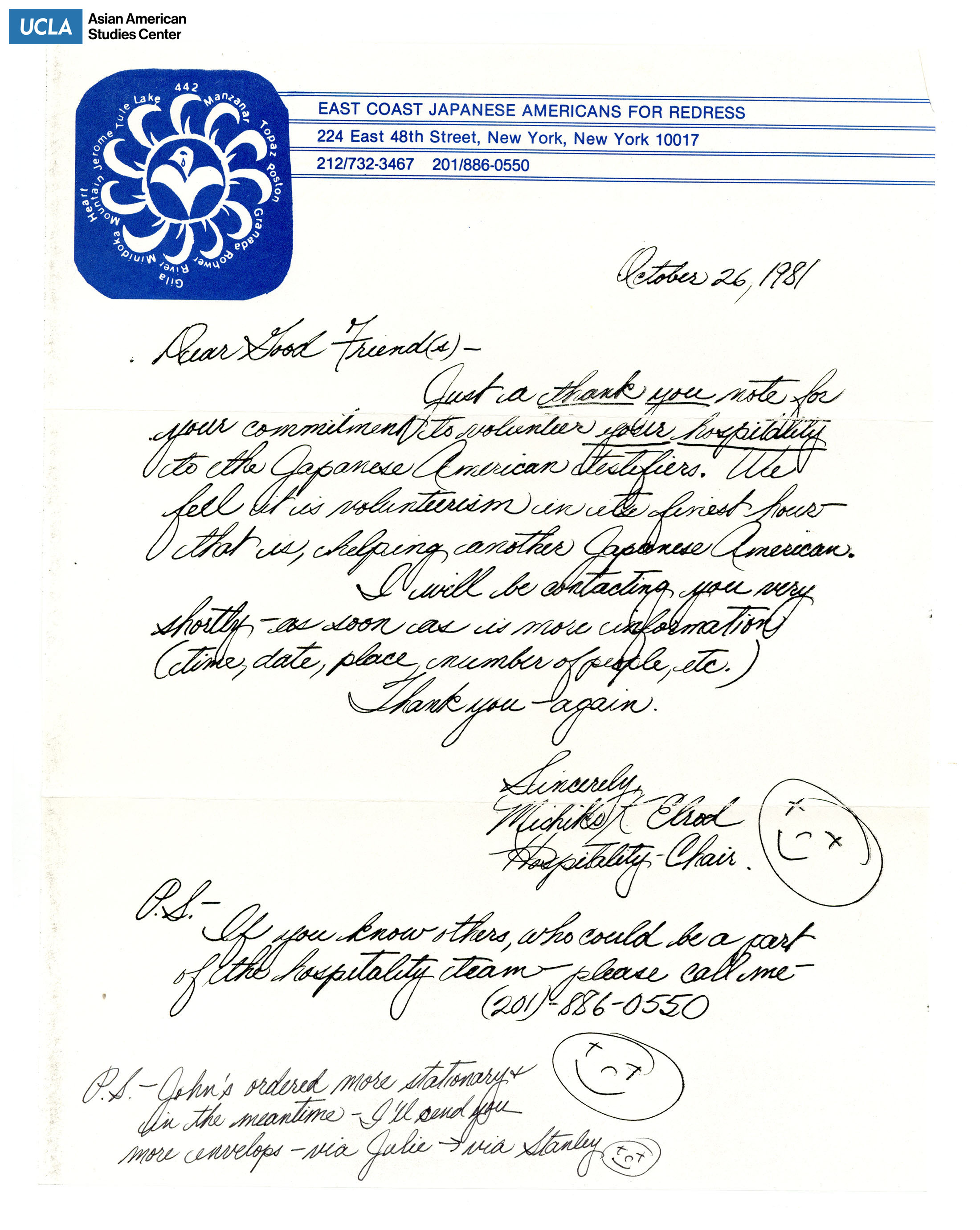 Letter of thanks for commitment to Japanese American testifiers.