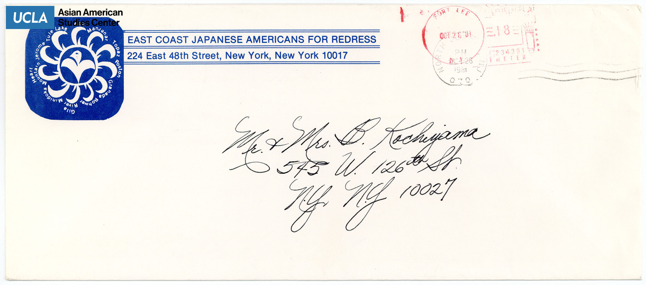 Envelope addressed to Bill and Yuri Kochiyama. Postmarked on October 26, 1981.