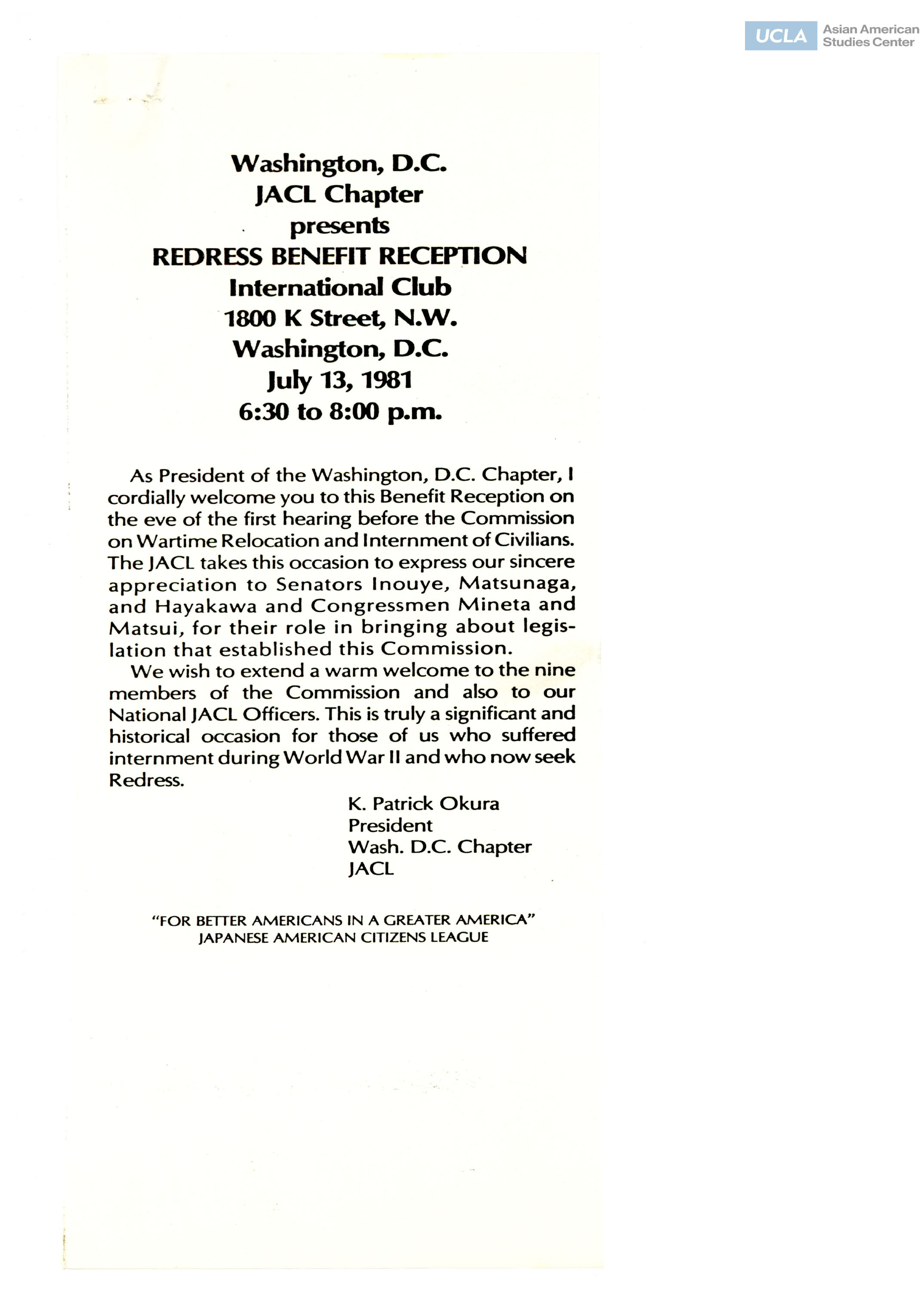 Redress benefit reception before the Commission on Wartime Relocation and Internment of Civilians.