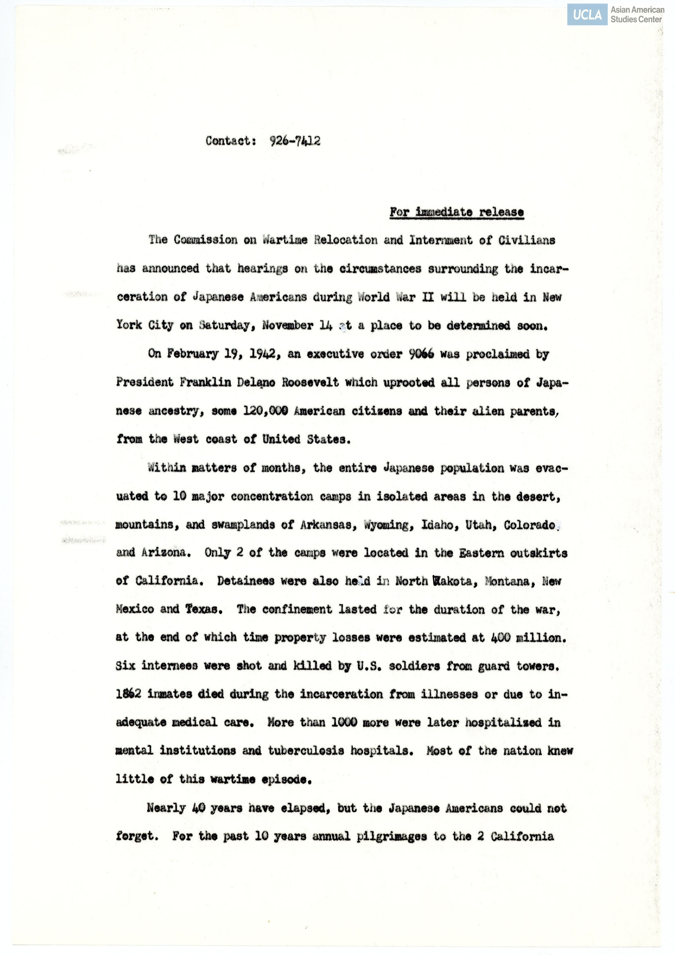 Press release regarding the New Yorking hearing and background information for the formation of East Coast Japanese Americans for Redress