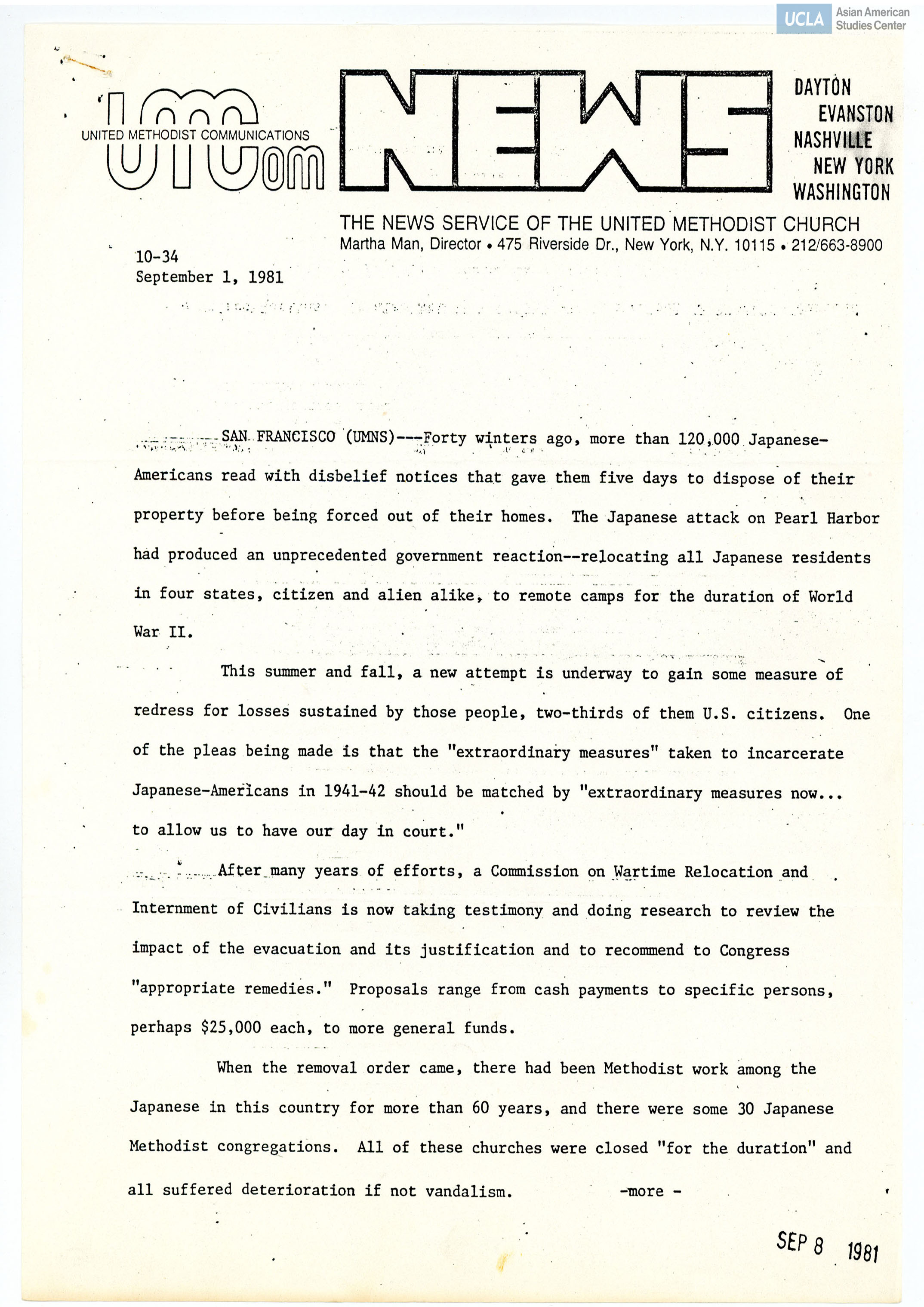 United Methodist Communications News regarding Commission on Wartime Relocation and Internment of Civilians underway.