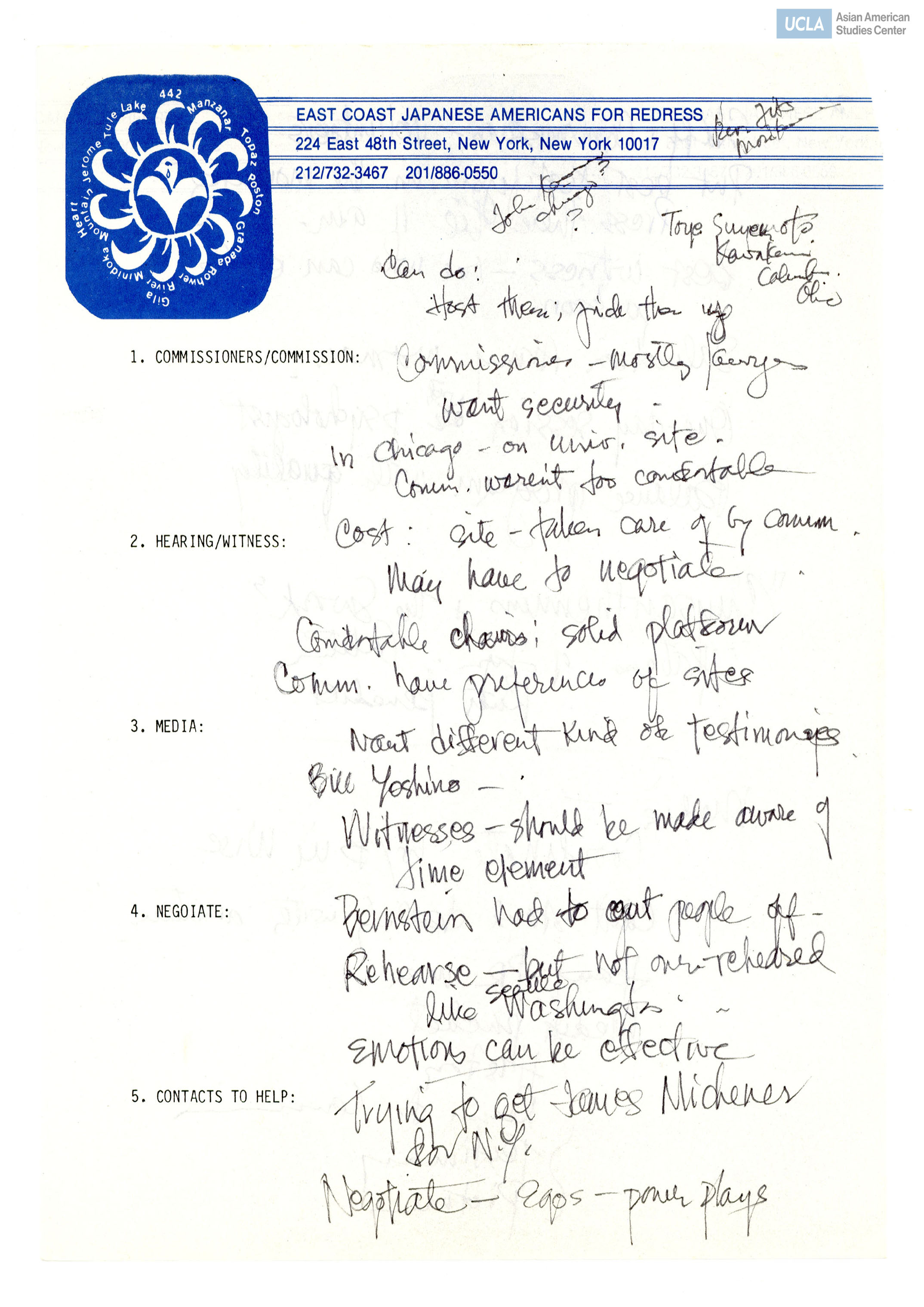 Notes regarding brainstorming the Commission on Wartime Relocation and Internment of Civilians Act.