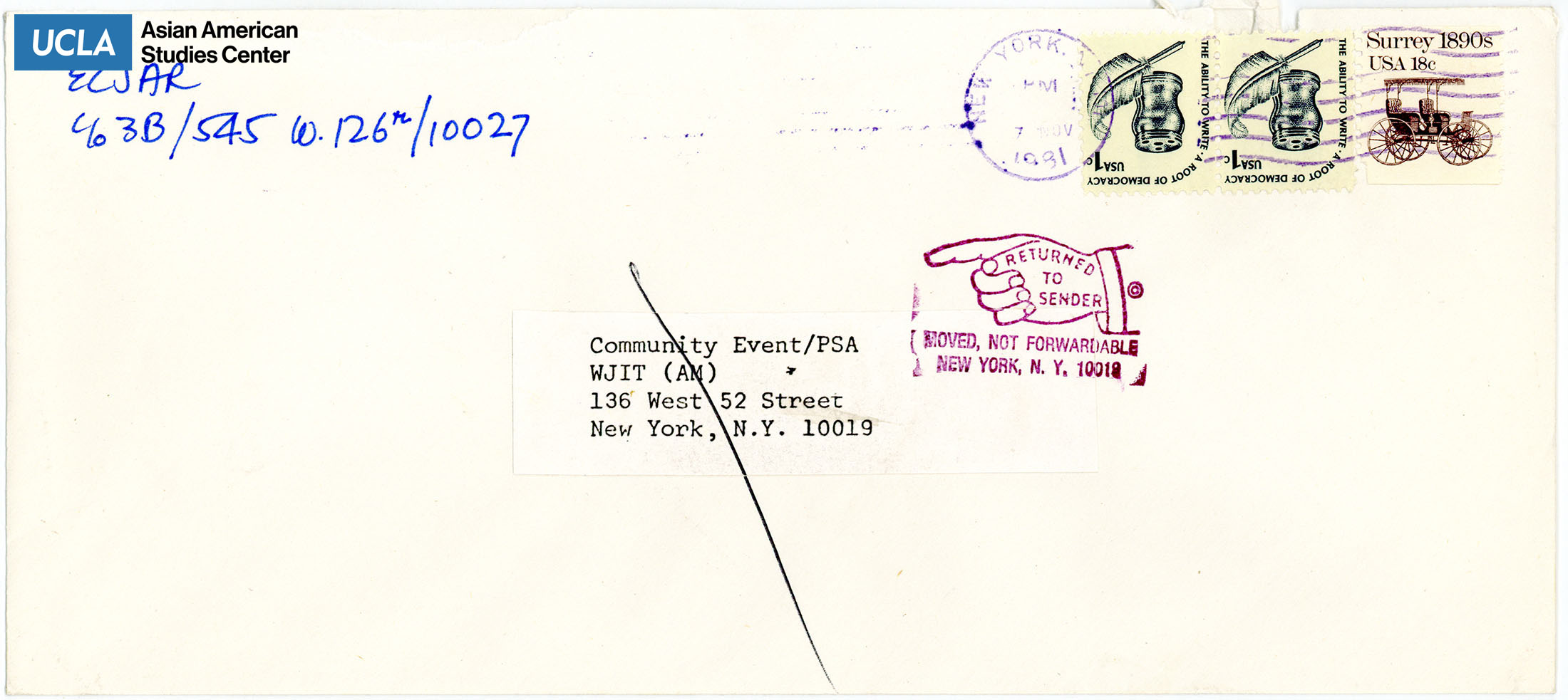 Envelope from East Coast Japanese Americans for Redress. Postmarked on November 7, 1981.