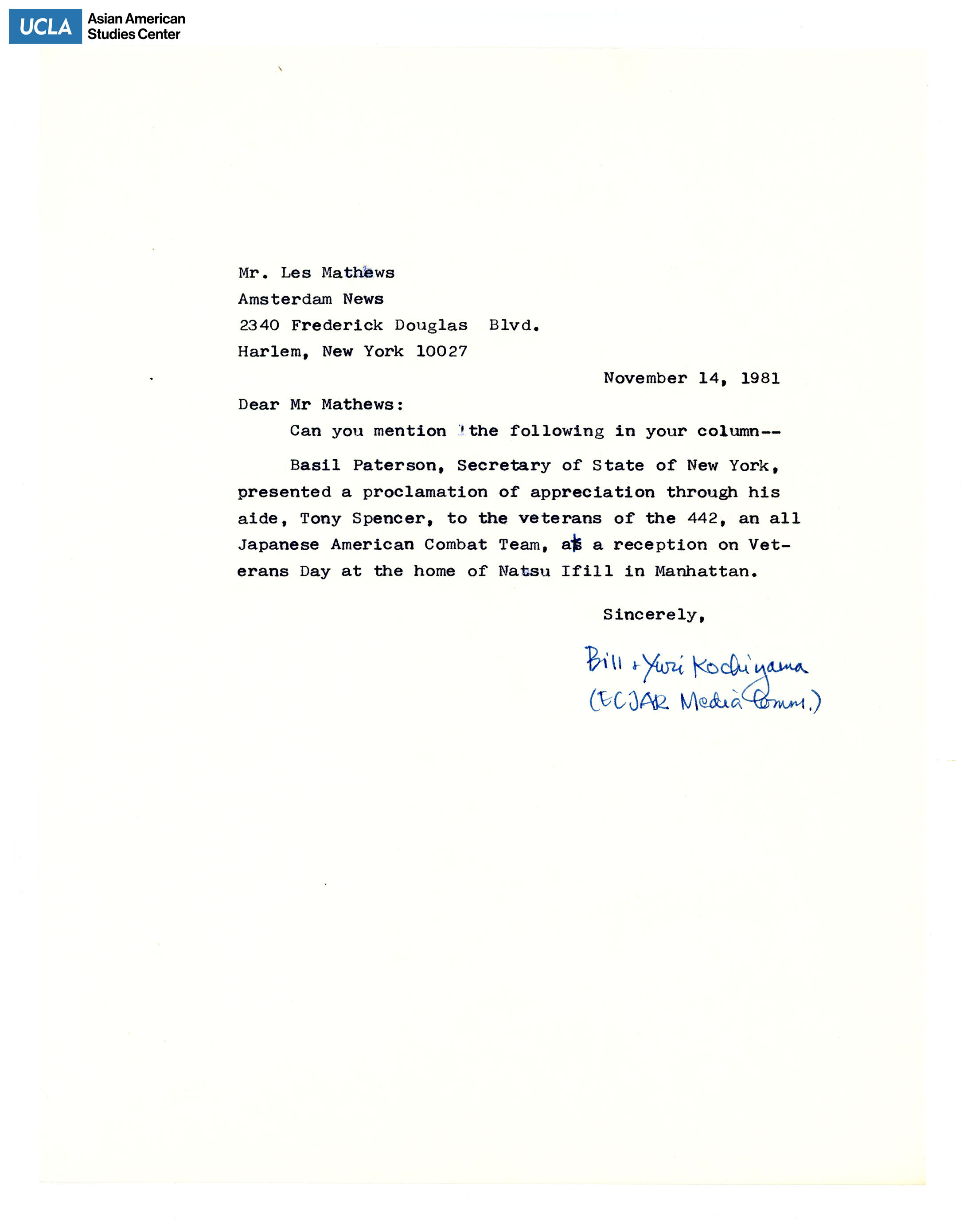 Letter addressed to Les Mathers, Amsterdam News, regarding adding information ot column.