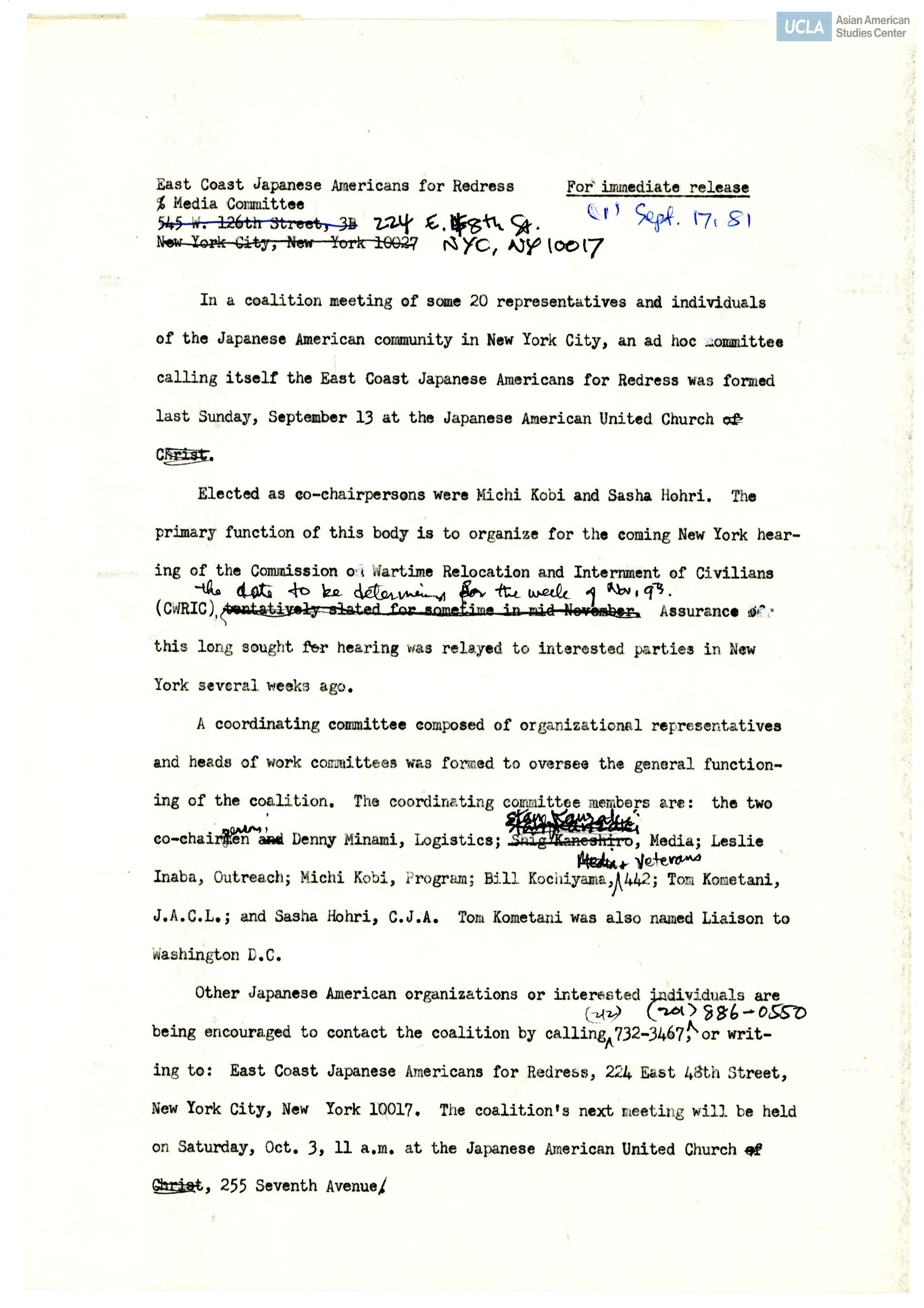Press release regarding coalition meeting of the East Coast Japanese Americans for Redress.