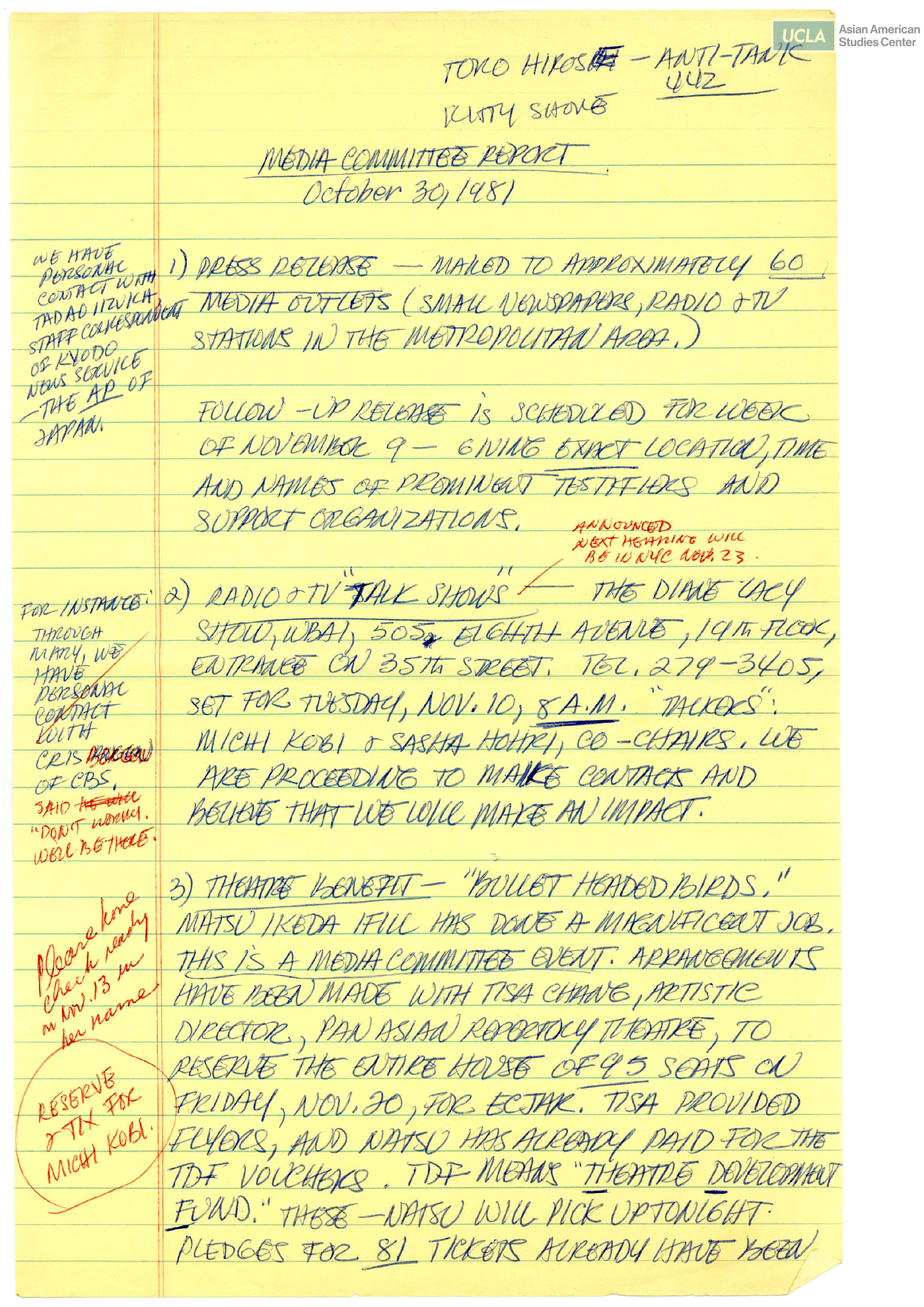 Meeting notes regarding the planning of release information to media outlets on the redress hearings.