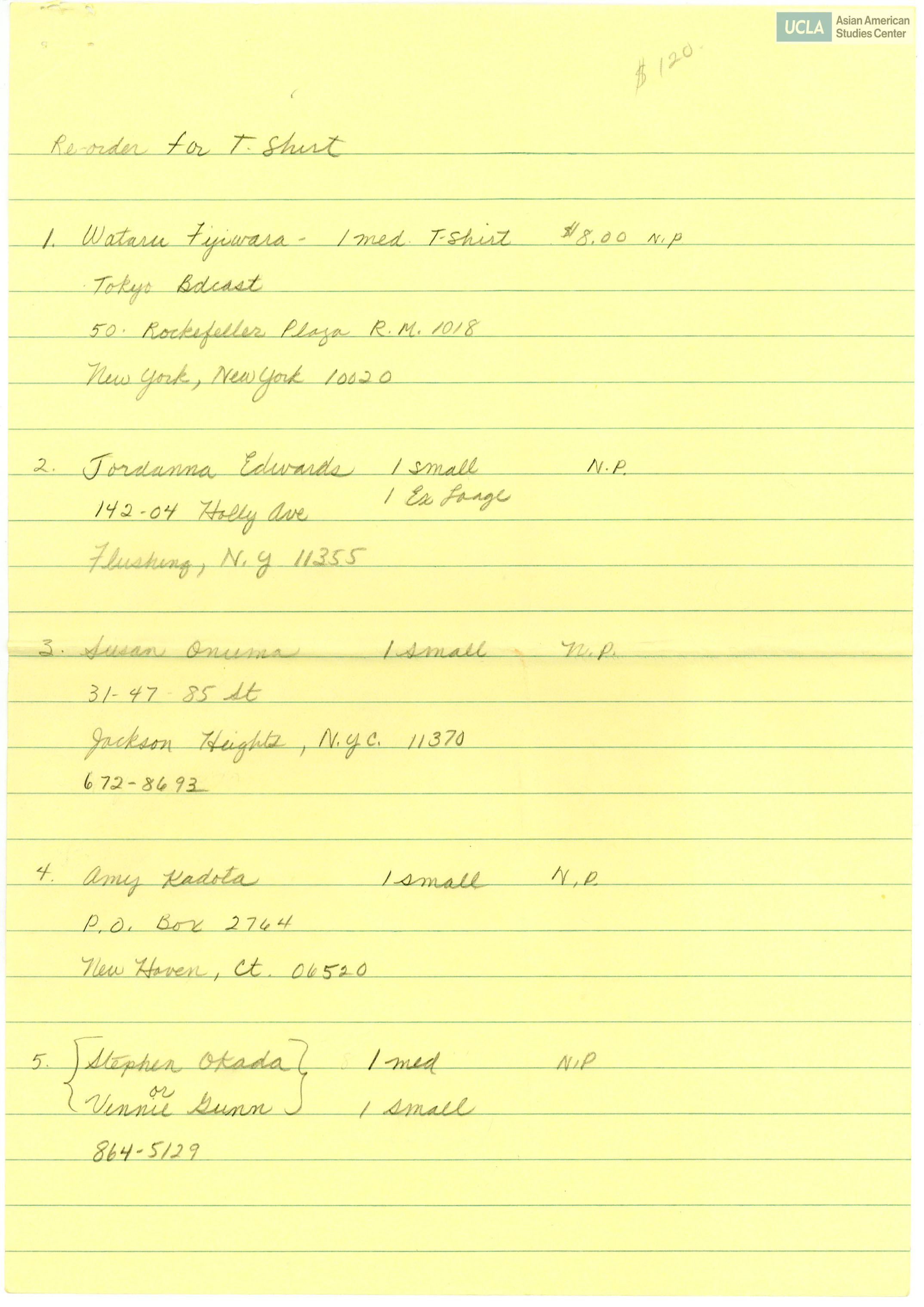 List regarding individuals ordering t-shirts. Includes address, t-shirt size, and notes of payment.
