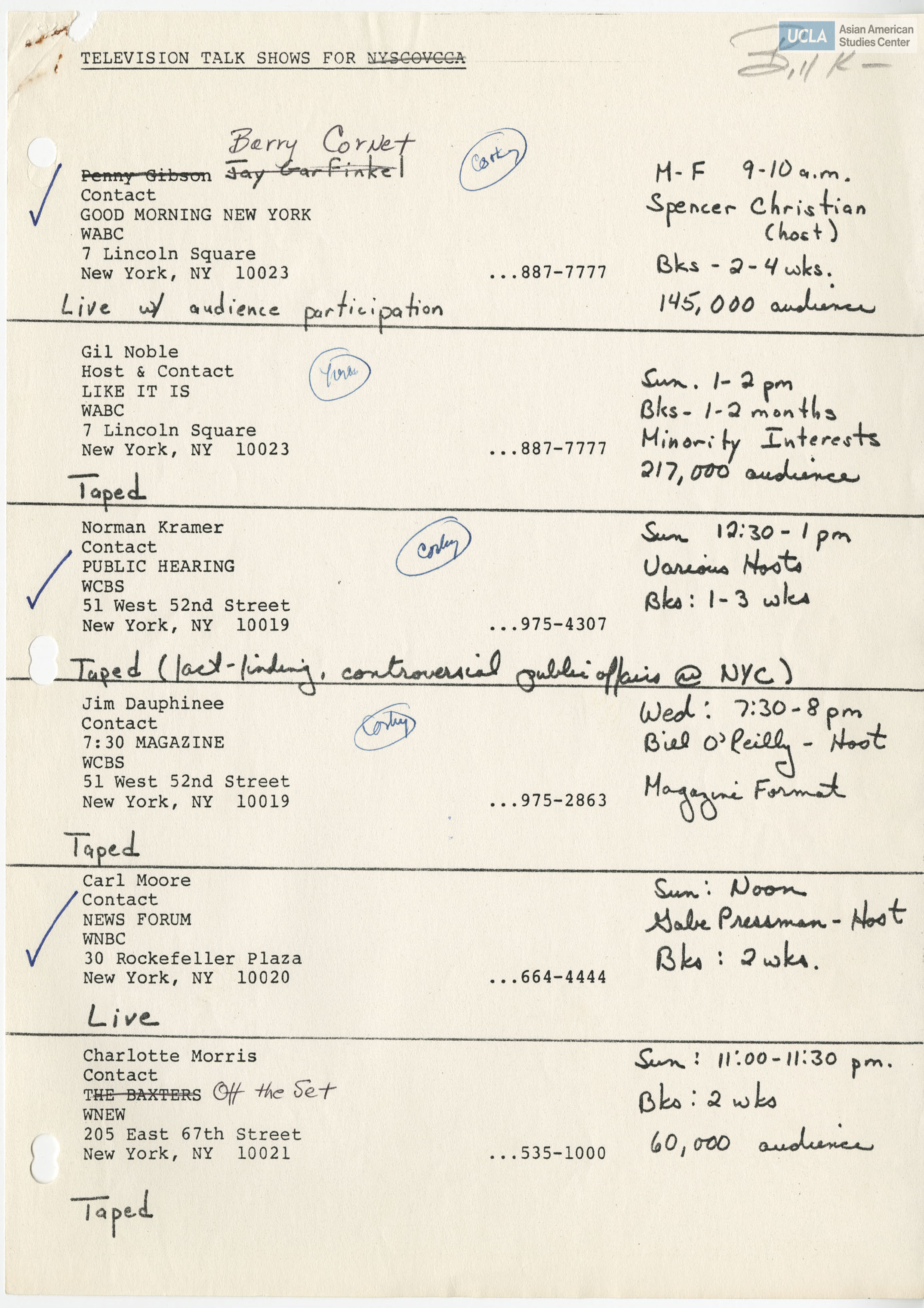 Listing of television talk shows and contact information during the 1980s. Includes notes on air time, hosts, and audience count.