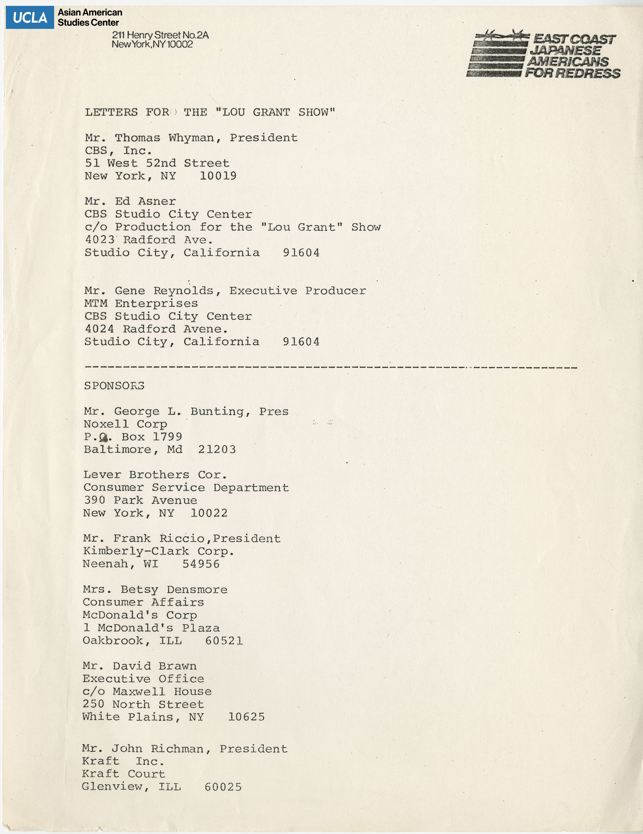 Listing of contact information for the 