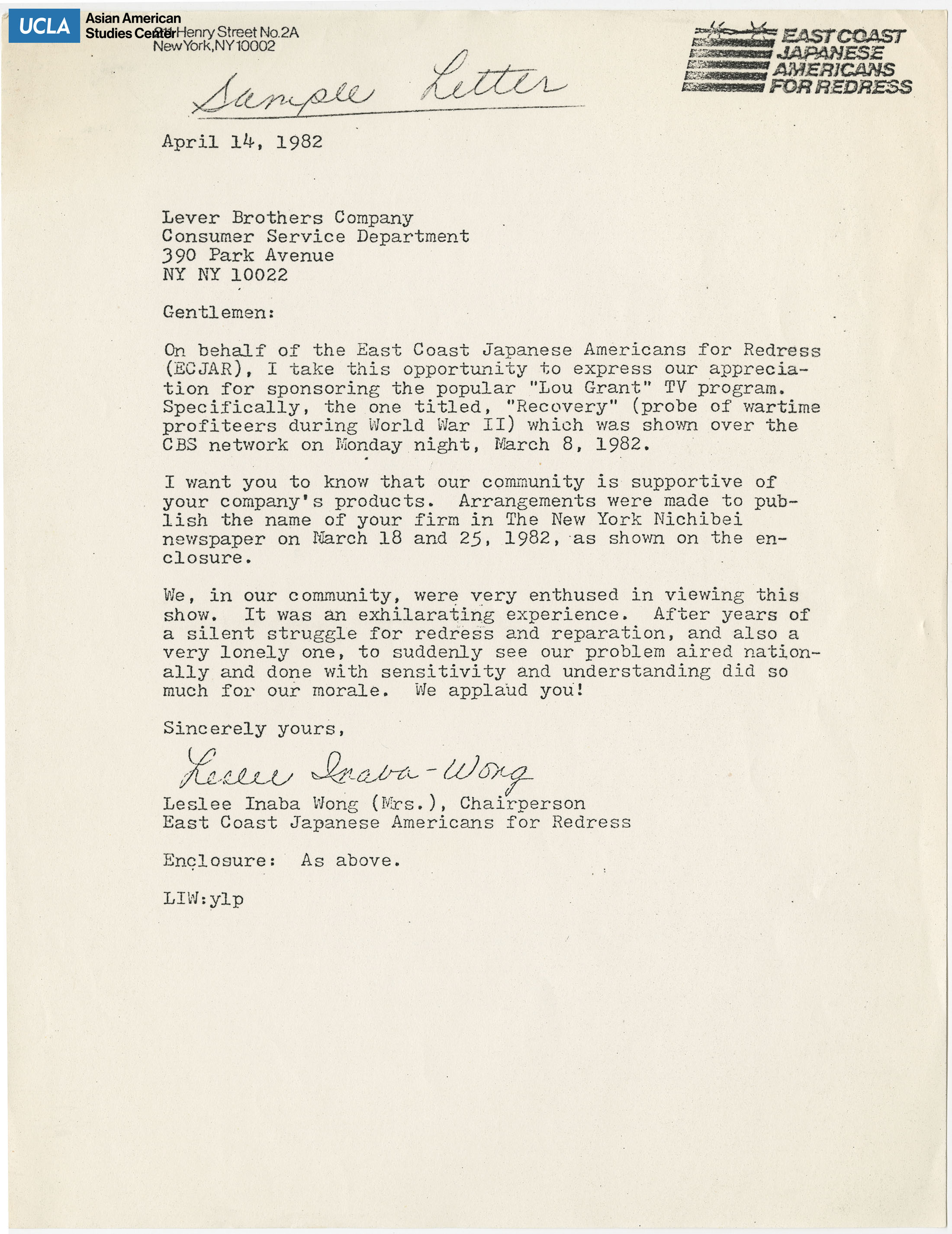 Letter of thanks for sponsoring an episode of Japanese American incarceration during World War II on the Lou Grant television series.