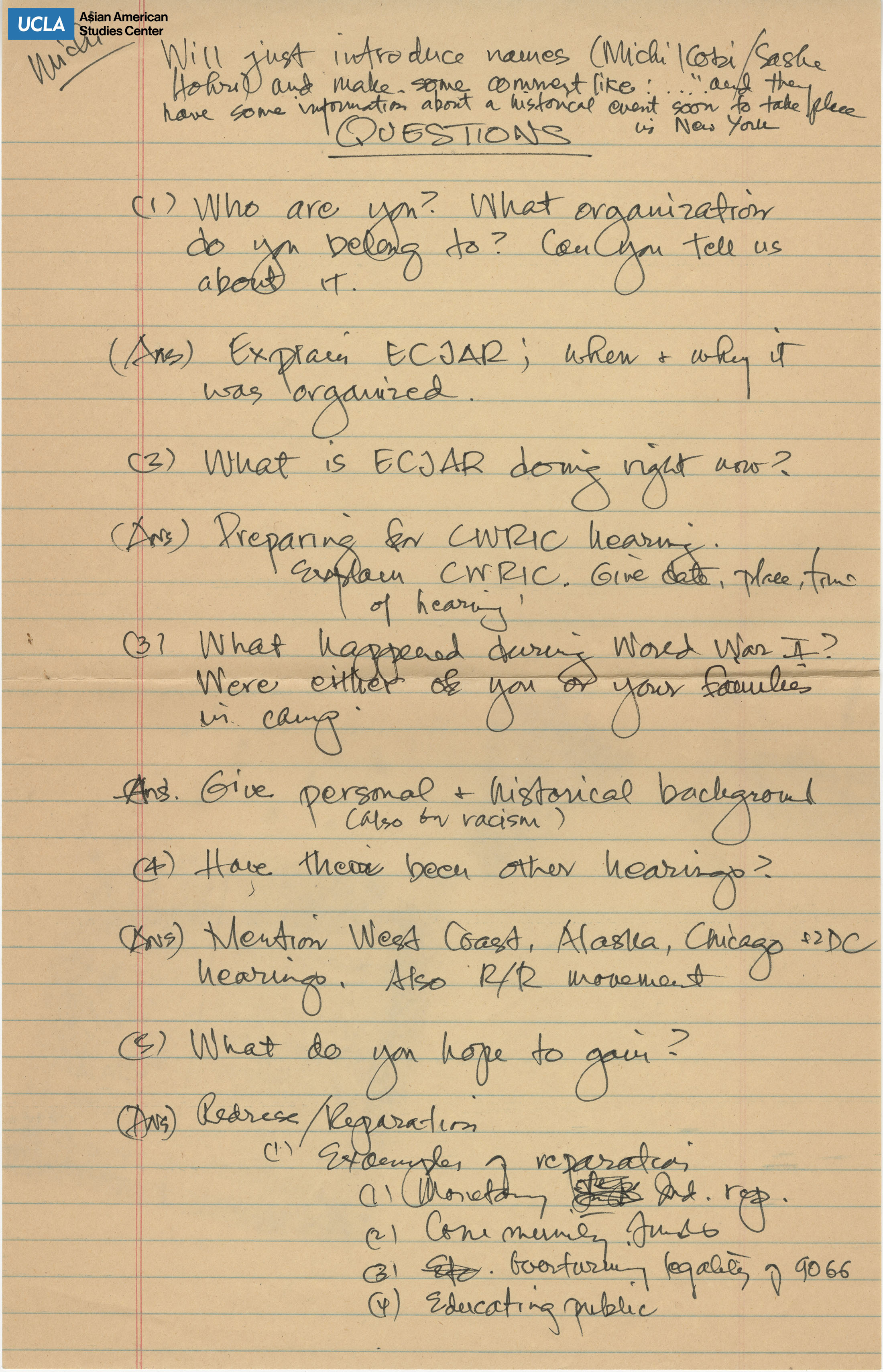 Questions regarding the East Coast Japanese American Redress organization and preparation questions for the Commission on Wartime Relocation and Internment of Civilians testimonies.
