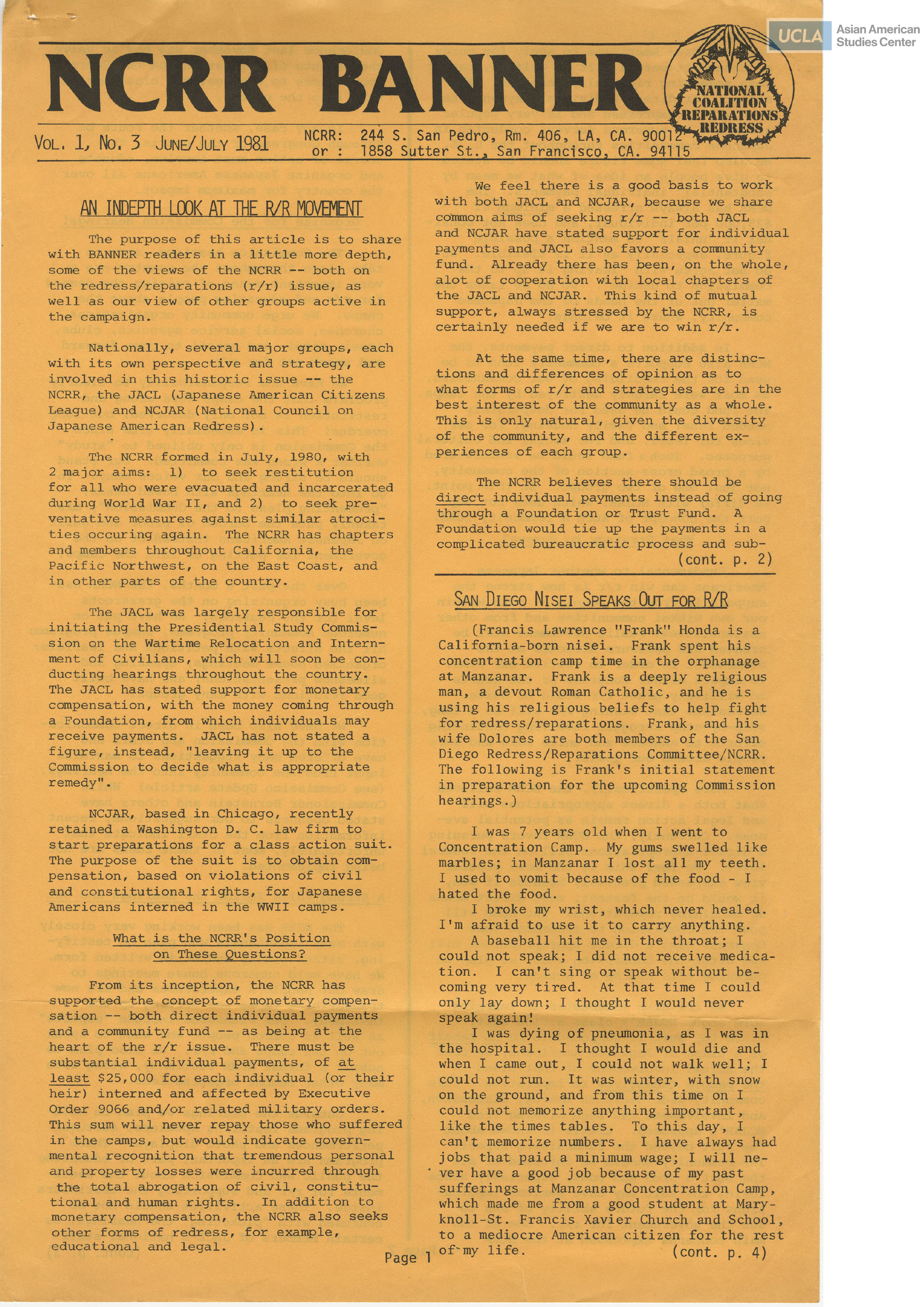 NCRR Banner newsletter on the Redress Movement and Commission hearings.