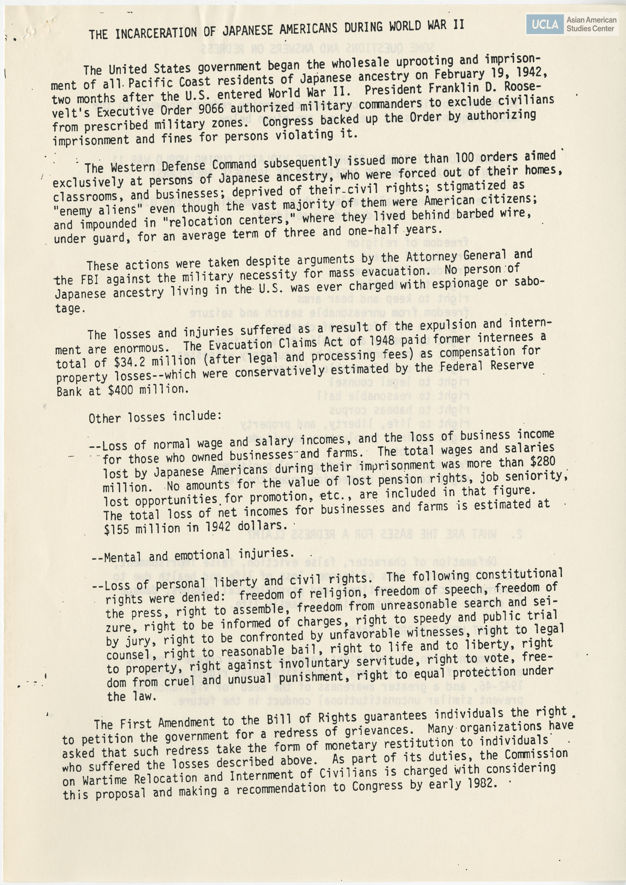 Statement regarding the experiences and rights violated from the incarceration of Japanese Americans during World War II. Includes price of redress.