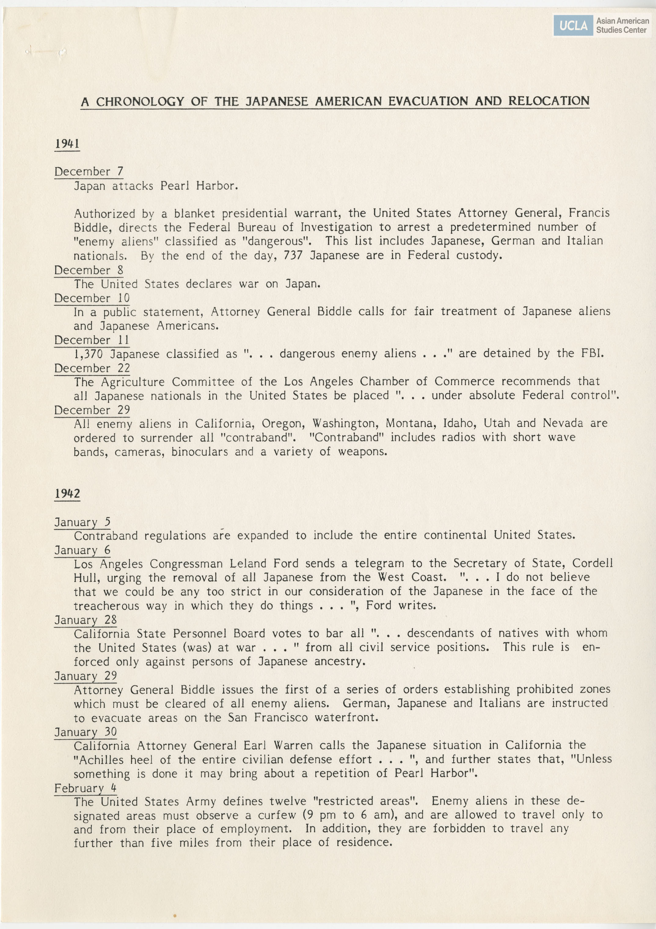 Historical chronology beginning 1941 to 1946.