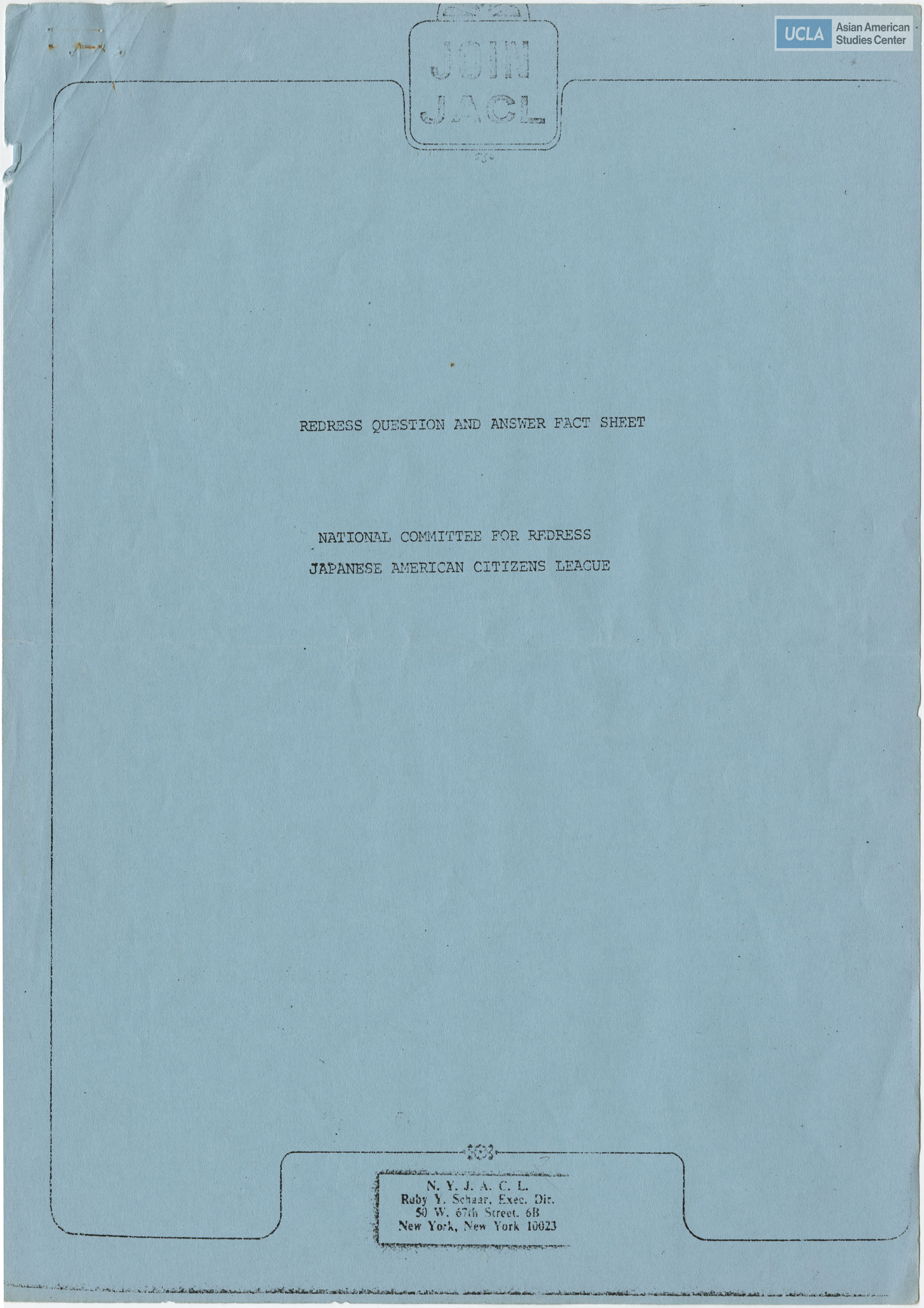 Booklet regarding the purpose of redress and reparations for Japanese Americans who were incarcerated during World War II.