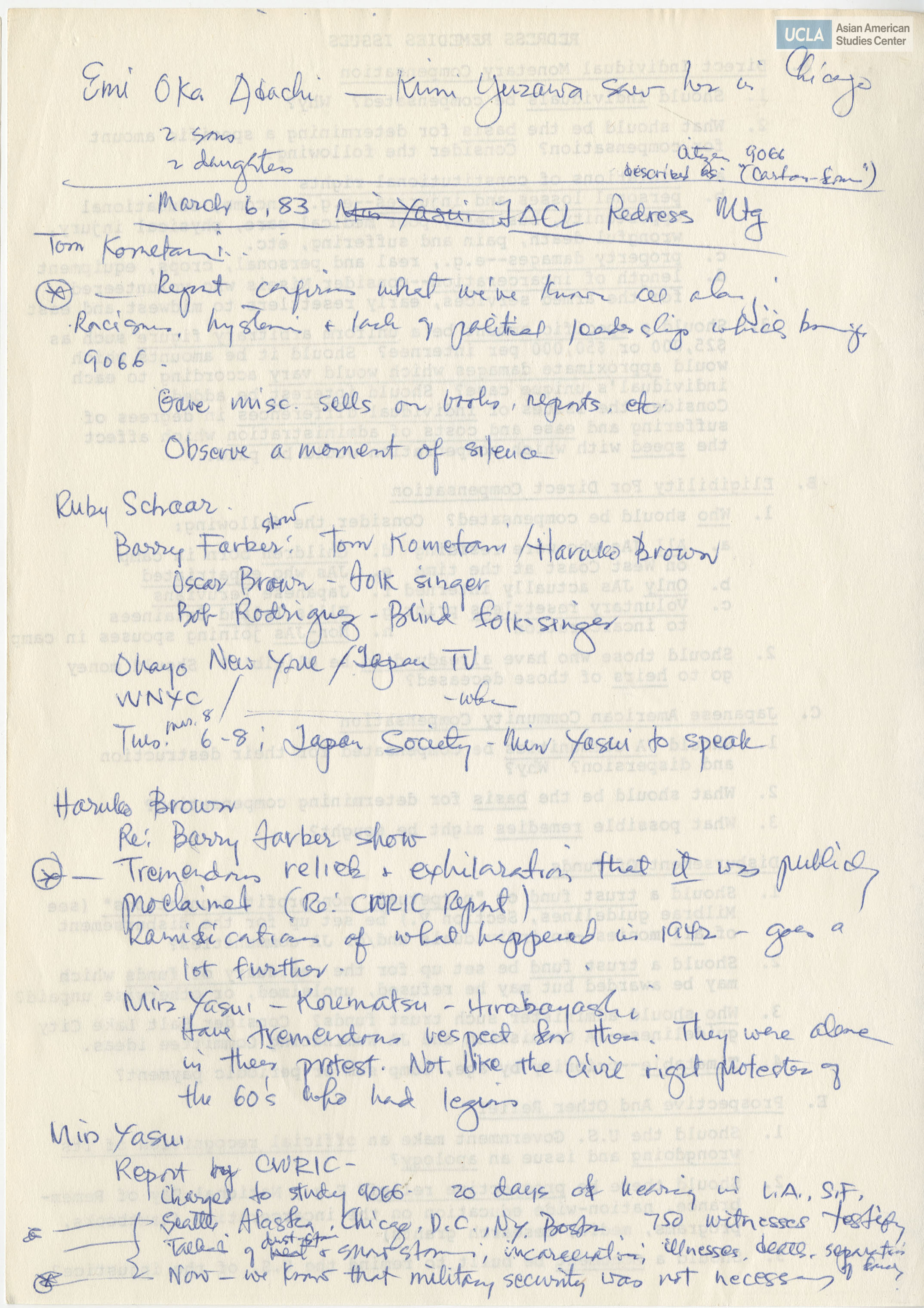 Handwritten notes regarding Japanese American Citizens League redress meeting.