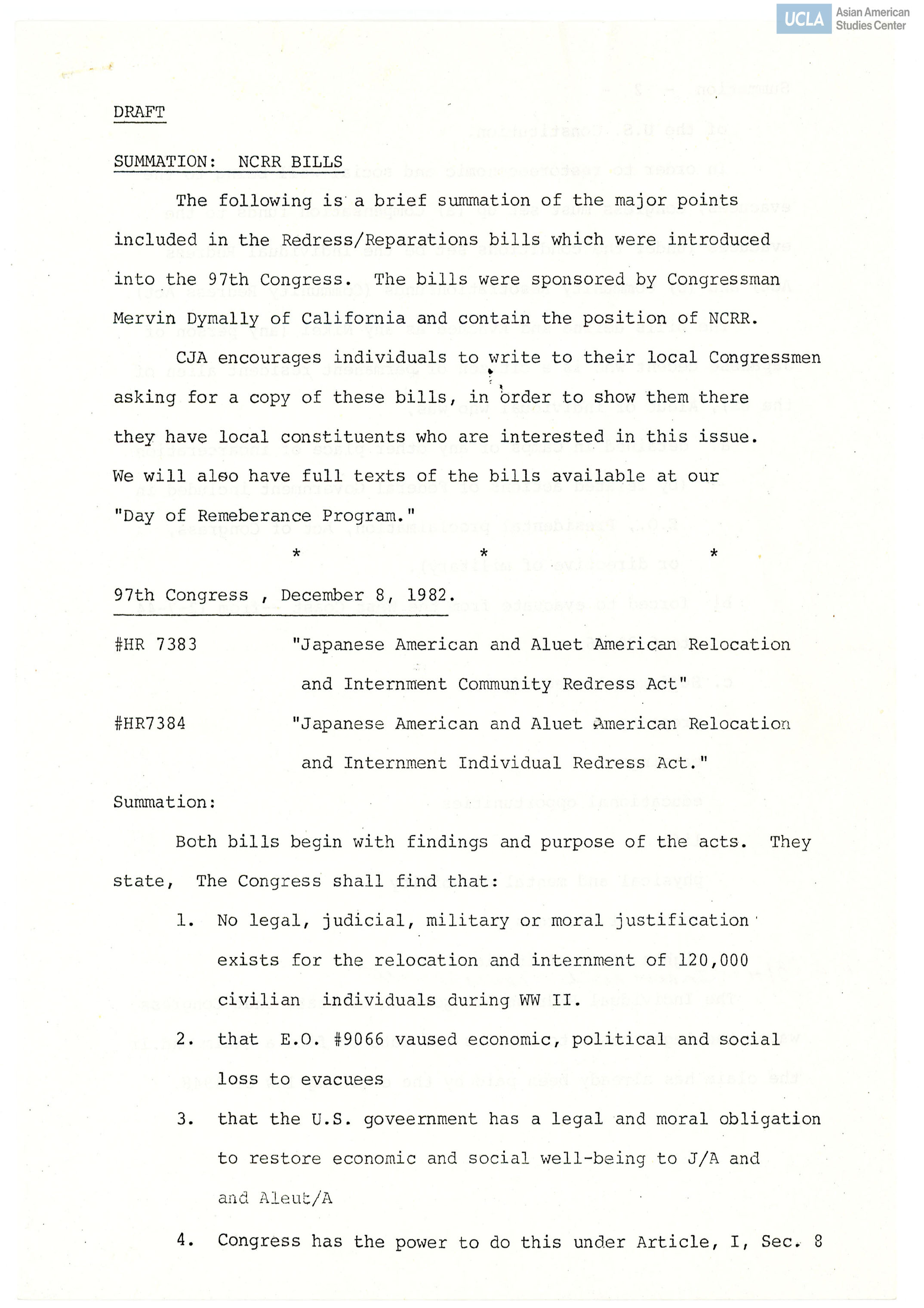 Draft of major points regarding the redress and reparation bills introduced to the United States Congress.
