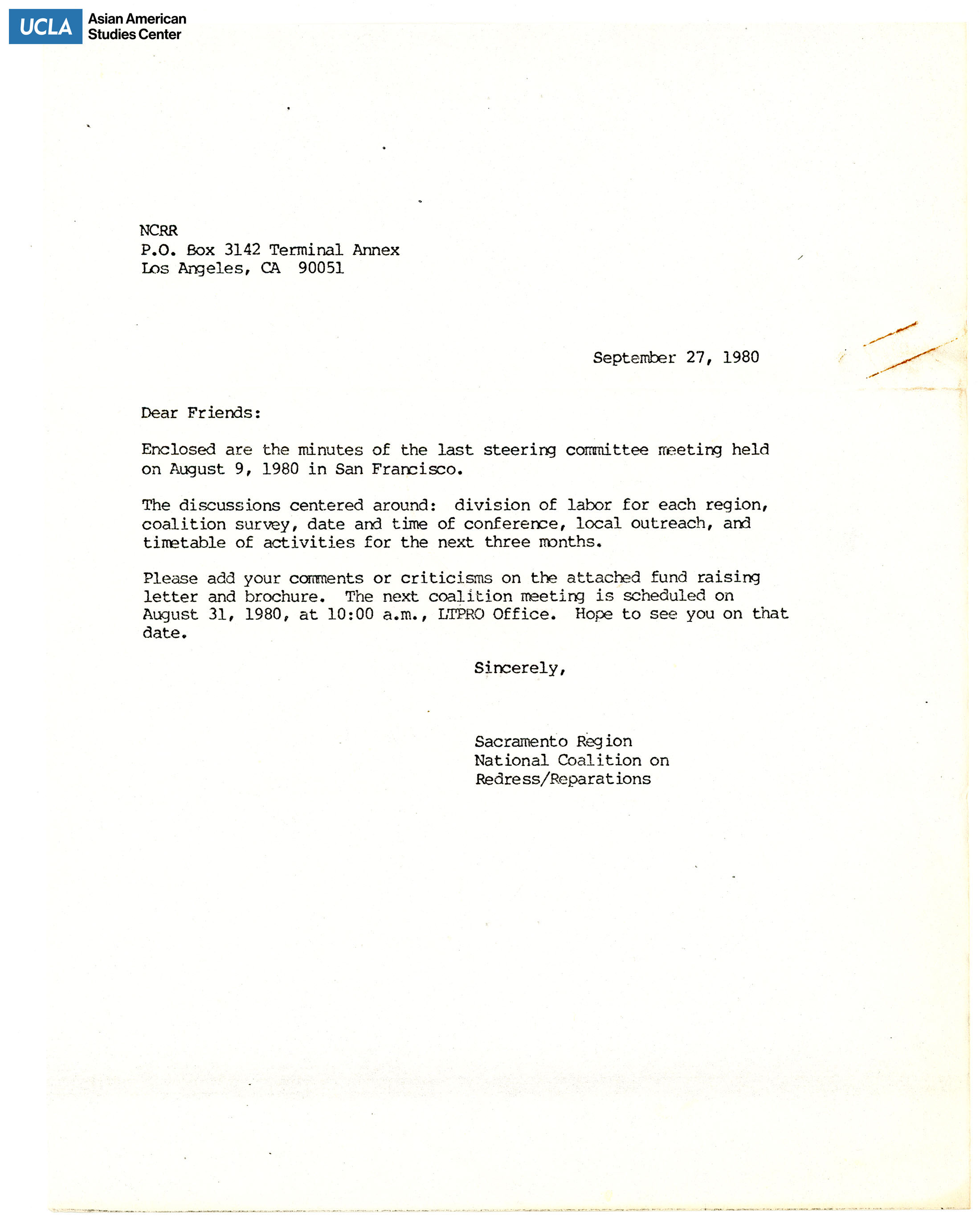 Letter regarding steering commitee meeting discussion points.