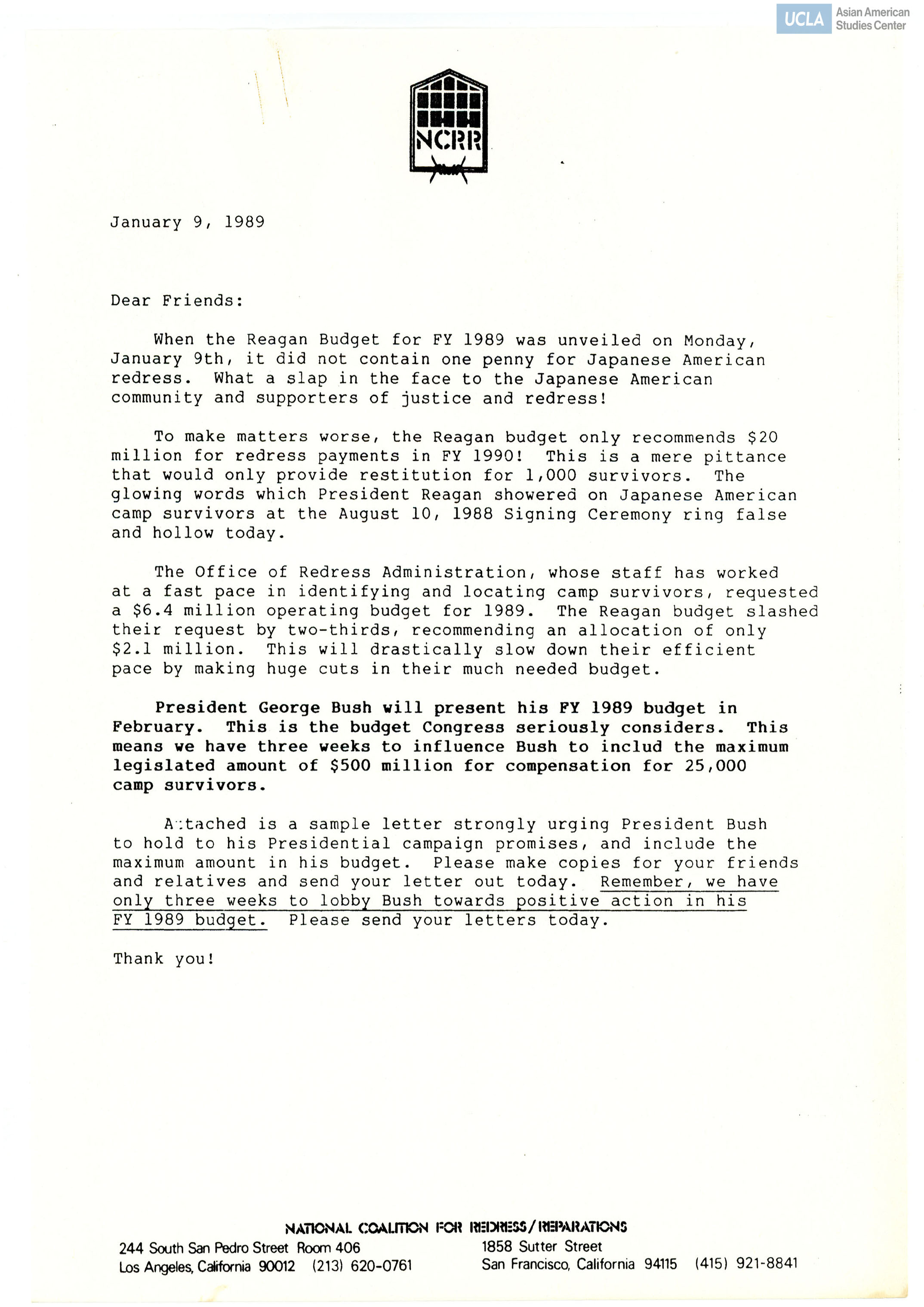 Letter regarding that no allowances were given to Japanese American redress from the Reagan fiscal year budget.