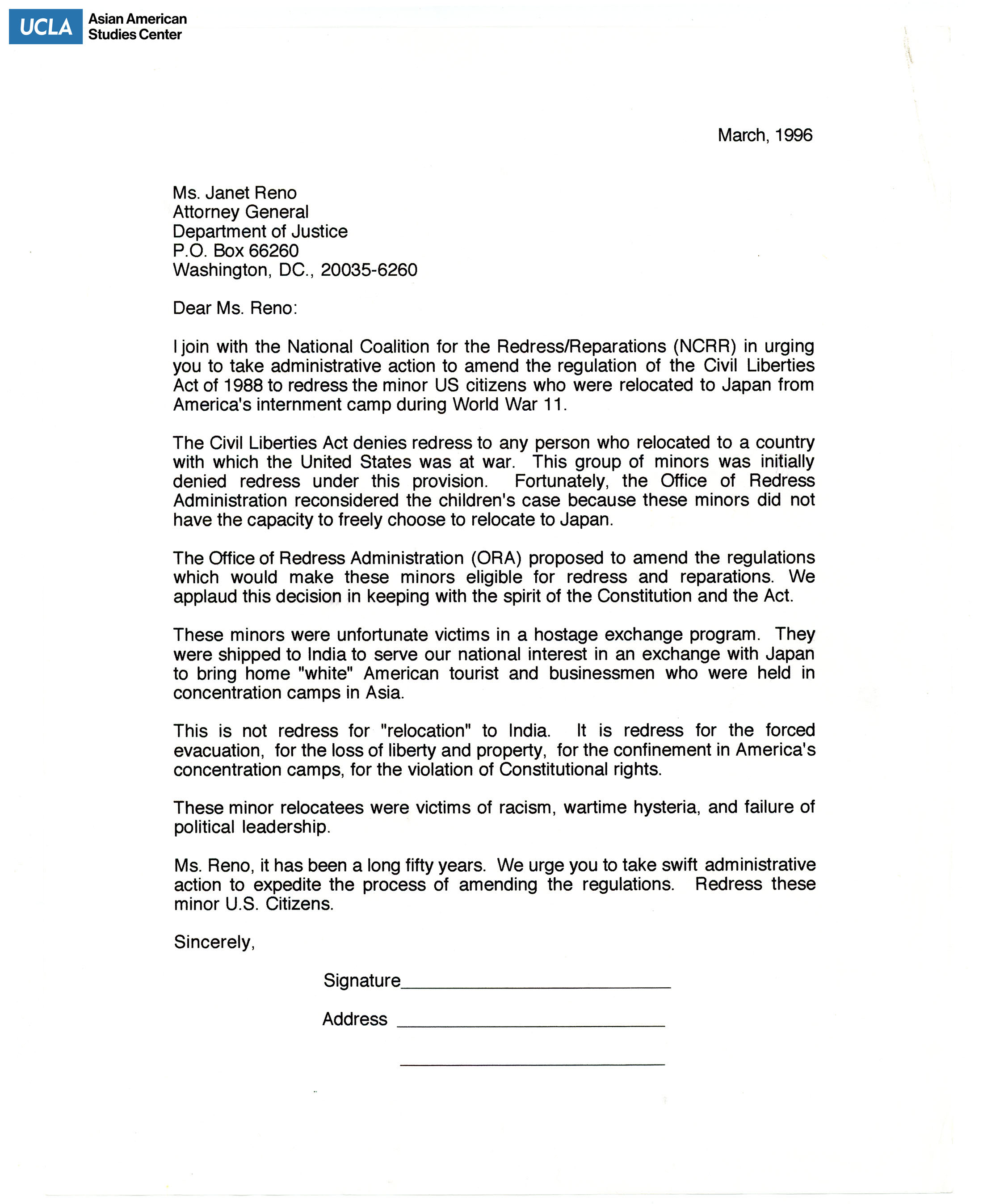 Letter addressed to Janet Reno, Attorney General, regarding the amendment of the Civil Liberties Act of 1988.
