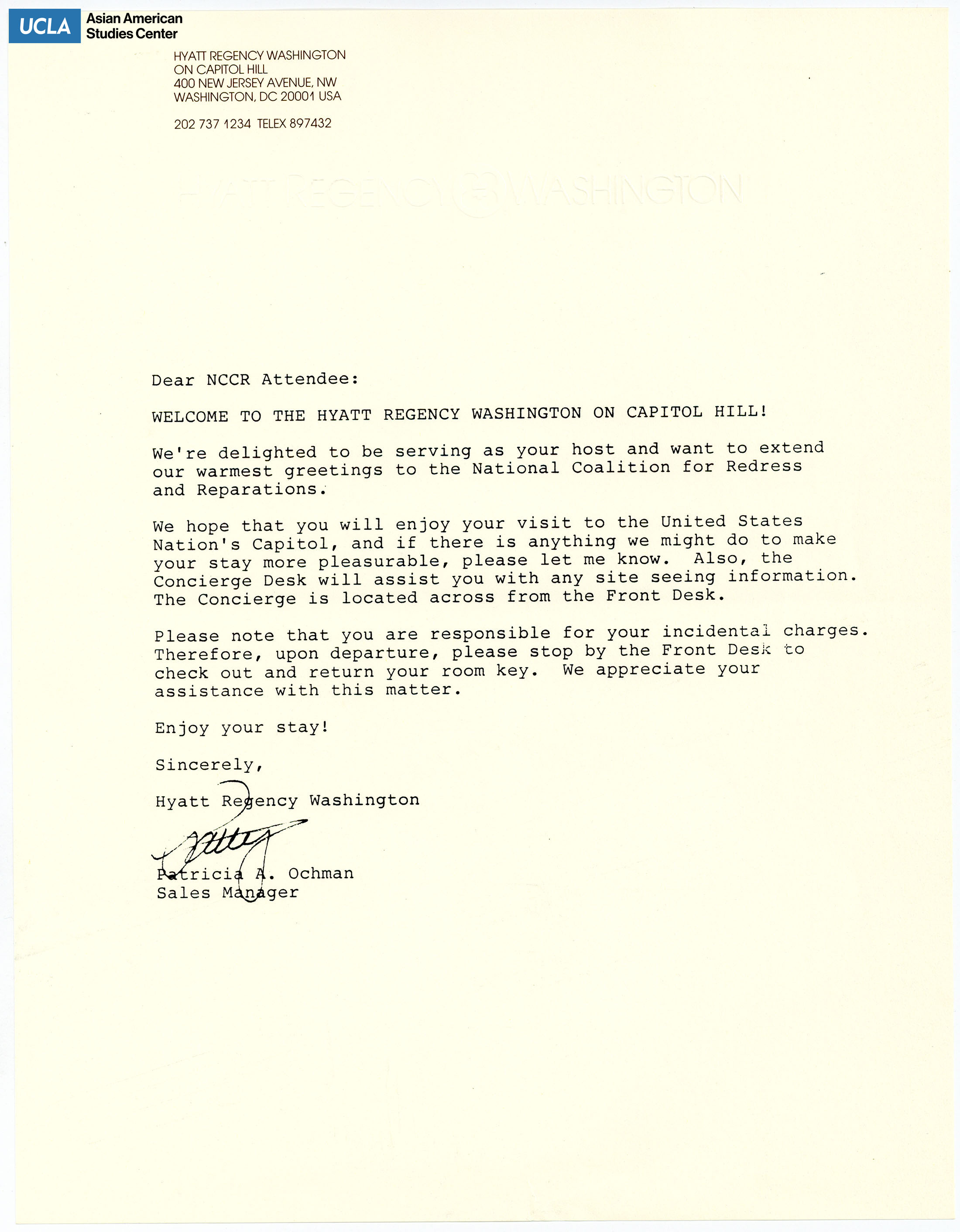 Letter from Patricia A. Ochman, Sales Manager of Hyatt Regency Washington, regarding welcoming NCRR.