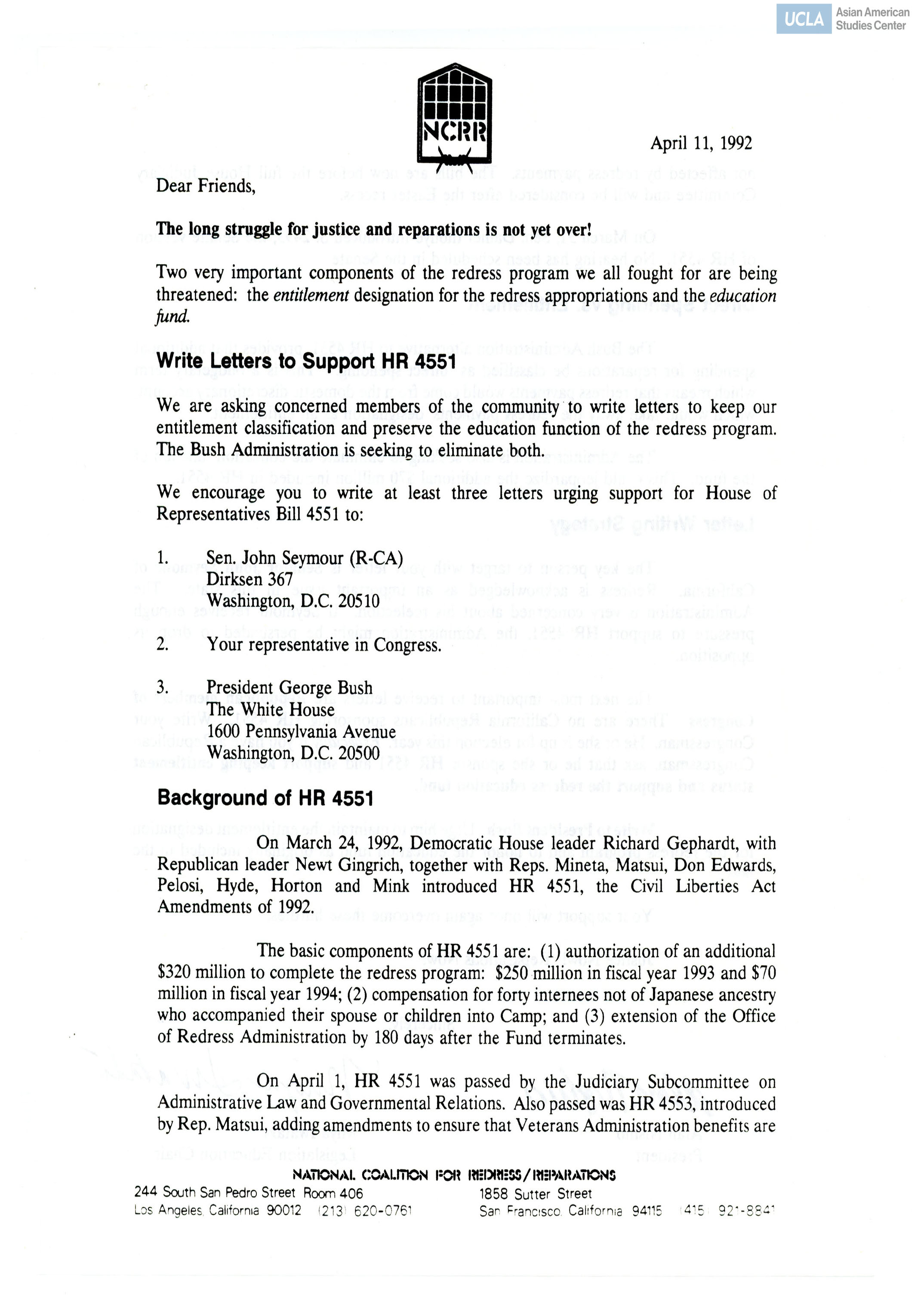 Letter regarding support for H.R. 4551 of the Civil Liberties Act Amendments of 1992.