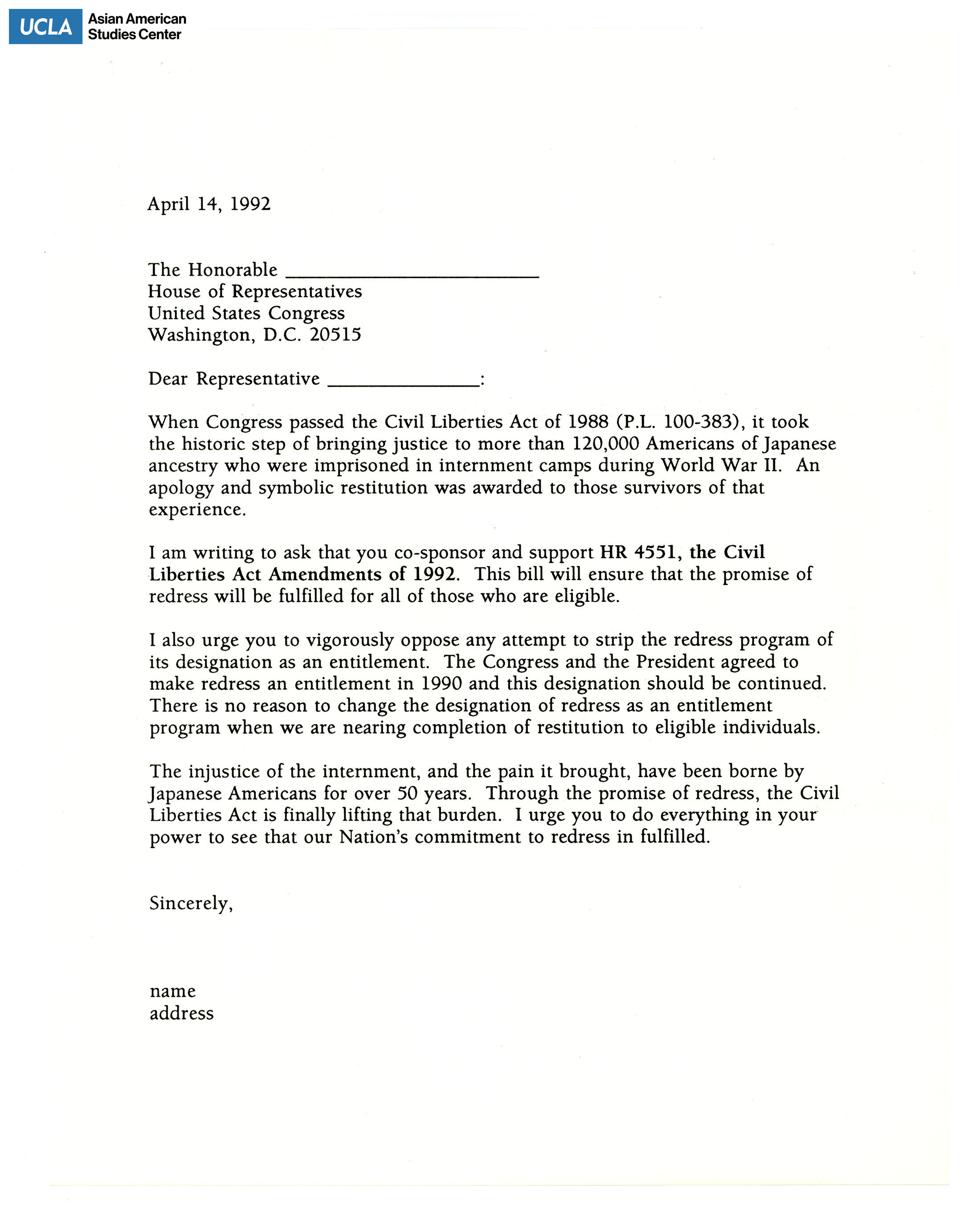 Temple letter regarding support for H.R. 4551 of the Civil Liberties Act Amendments of 1992 from local representatives.