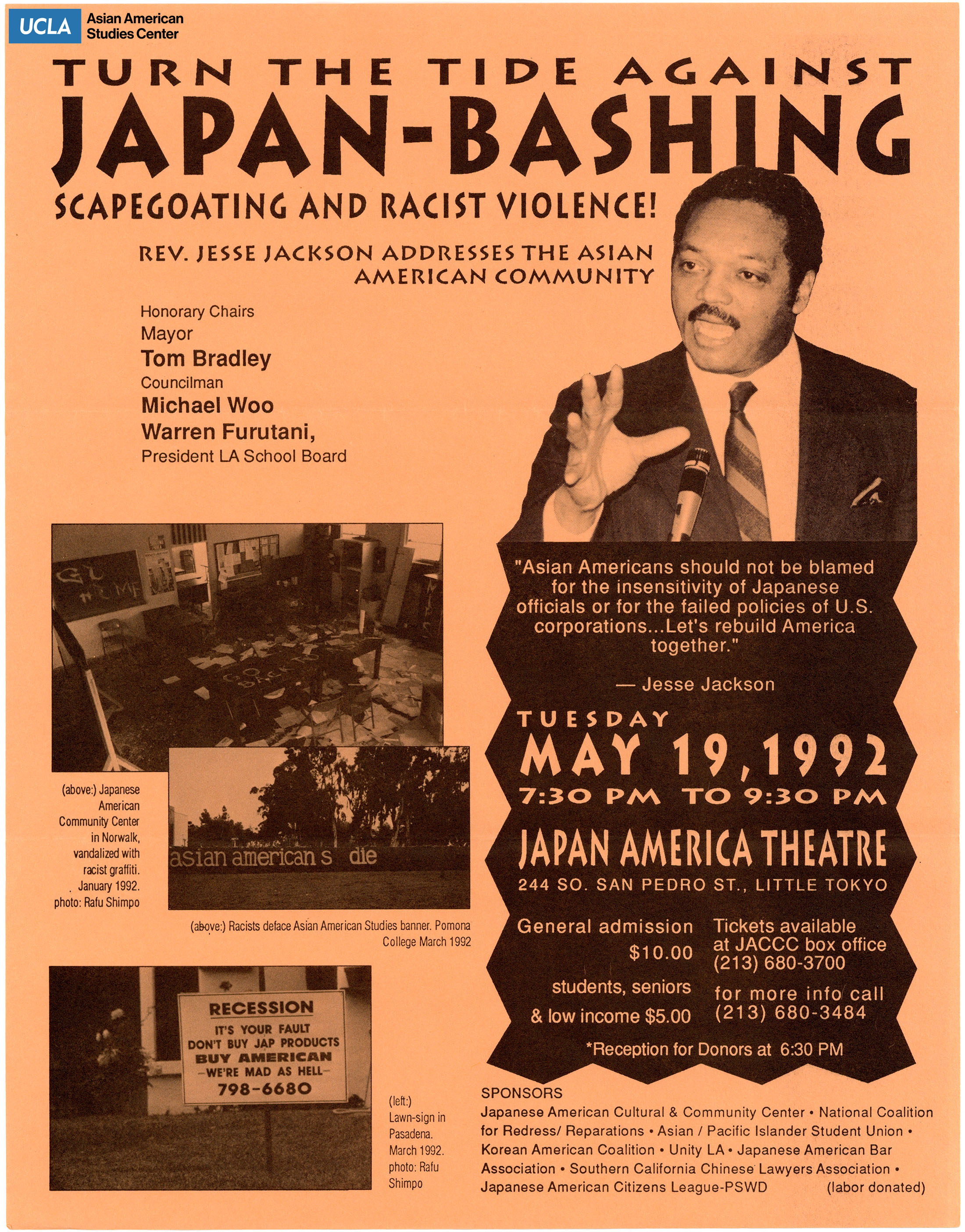 Flyer regarding Jesse Jackson addressing the Asian American community on insensitivity of Japanese scapegoating.