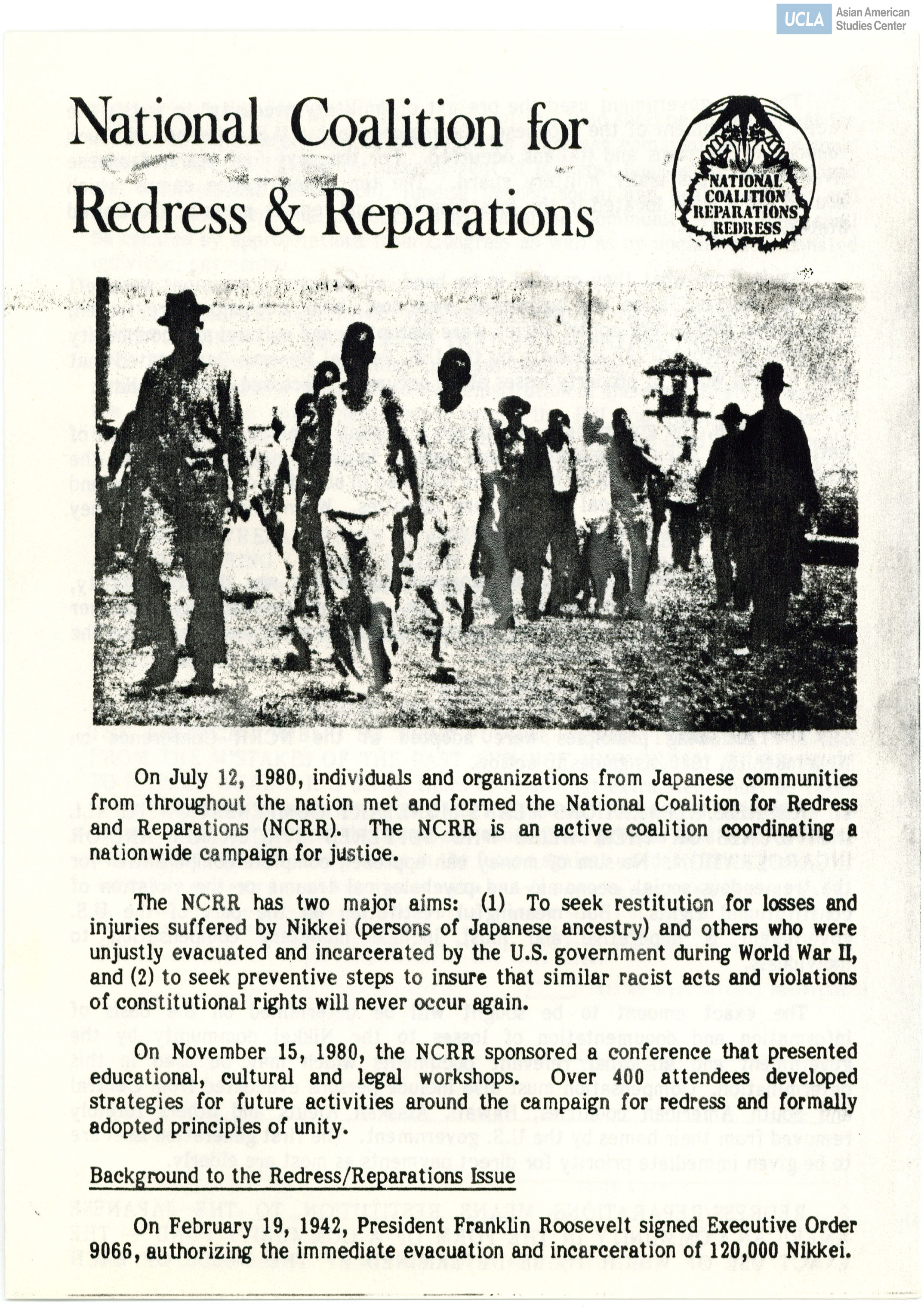 Leaflet regarding background information on Japanese American redress and the goals of National Coalition for Redress and Reparations.