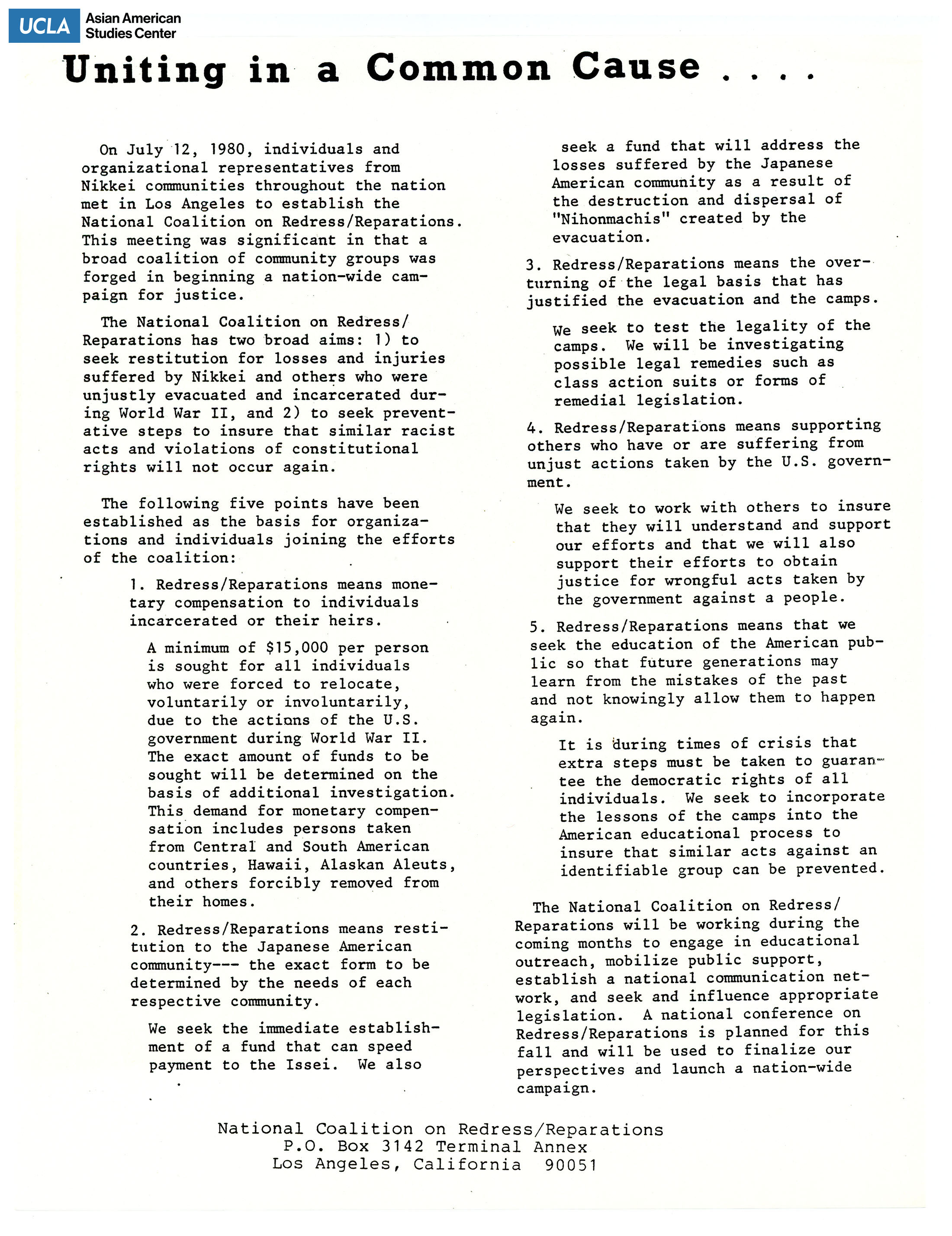 Organizational goals of National Coalition on Redress/Reparations.