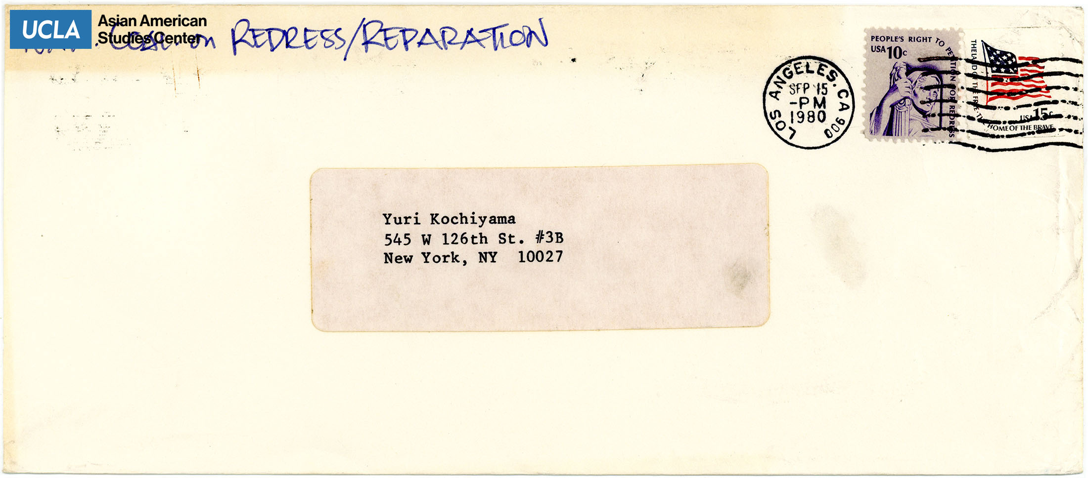 Envelope Addressed to Yuri Kochiyma. Postmarked on September 15, 1980.