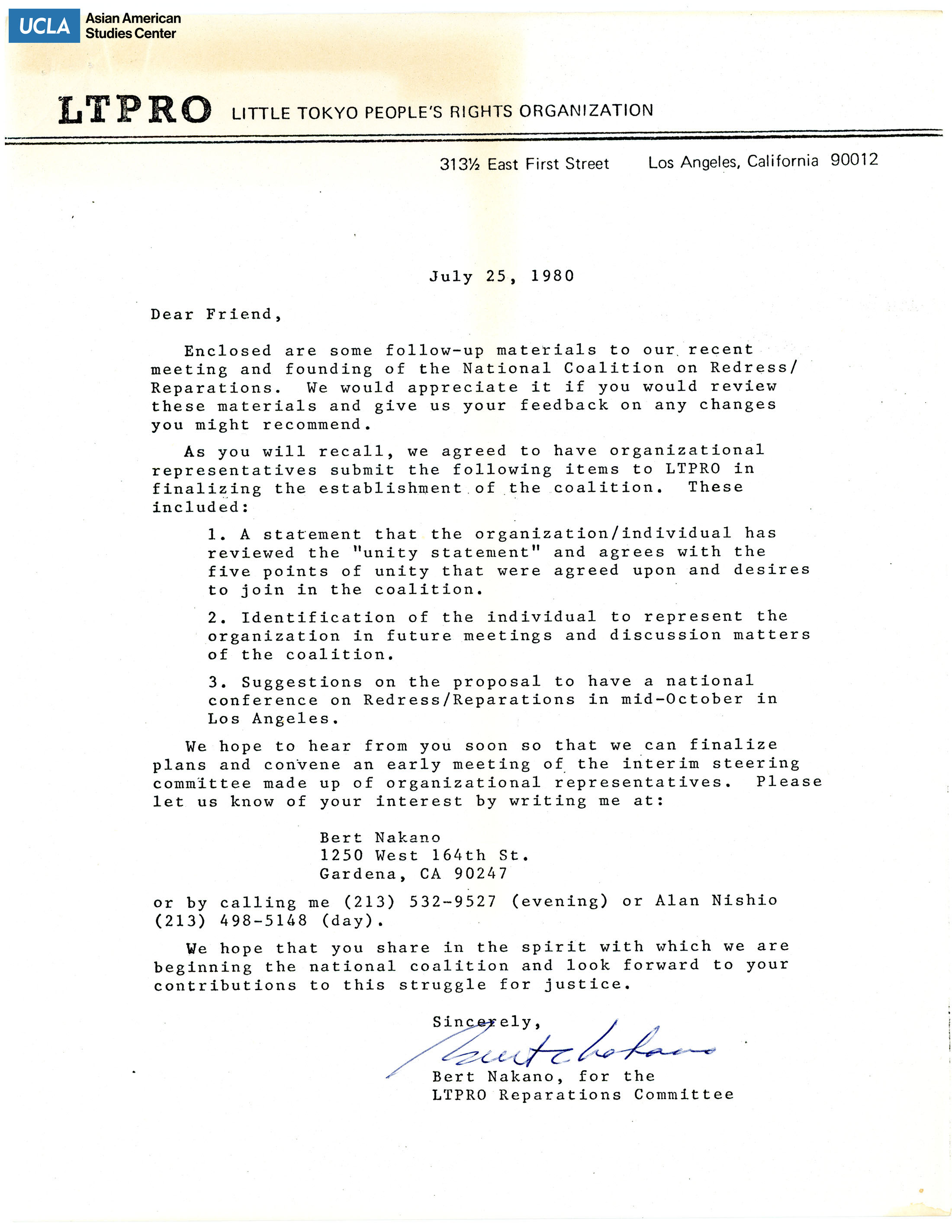 Letter from Bert Nakano, Little Tokyo People's RIghts Organization Reparations Committee, regarding meeting and founding of the National Coalition on Redress/Reparations.