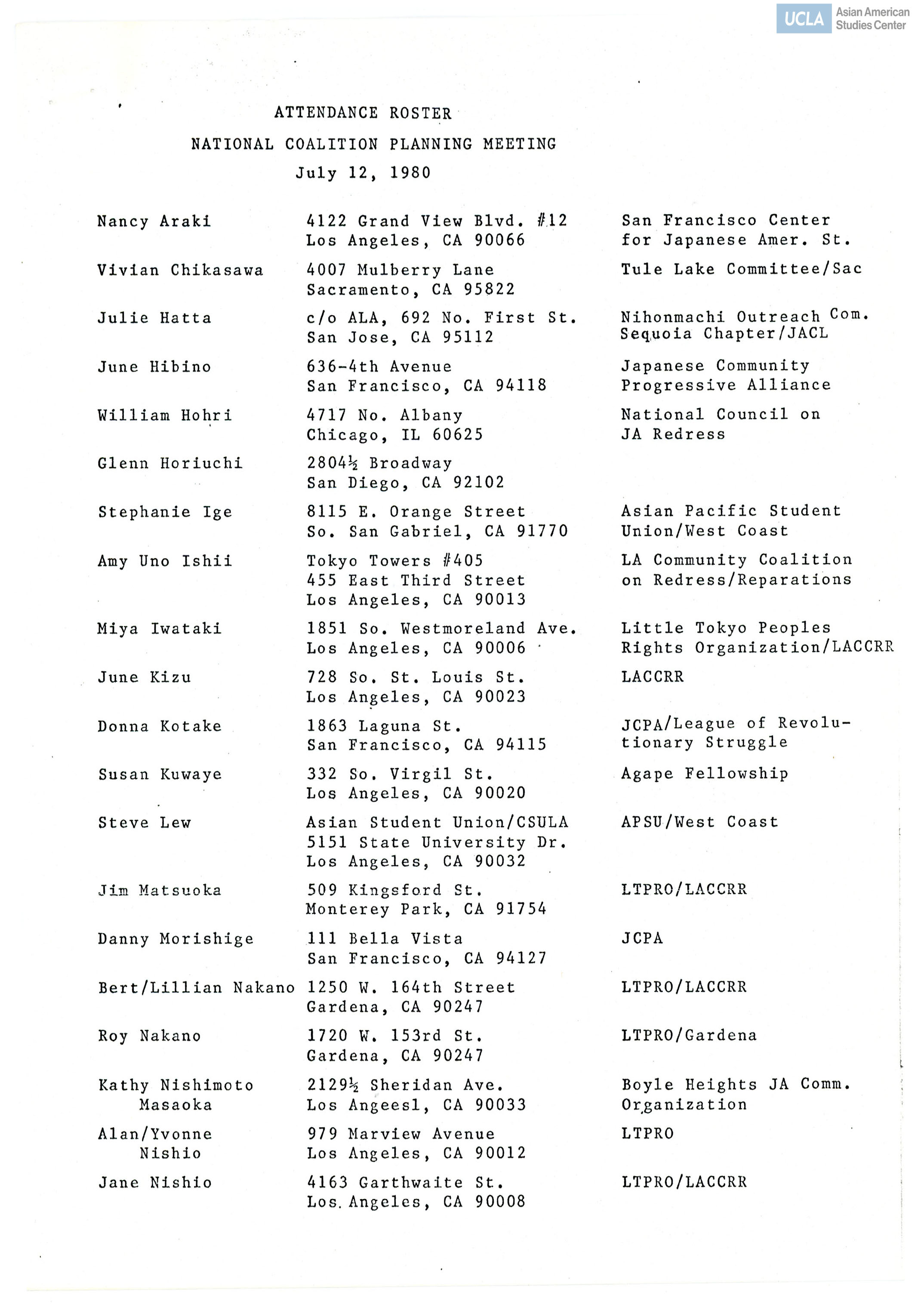 Attendance roster of attendees to the NCRR coalition planning meeting.