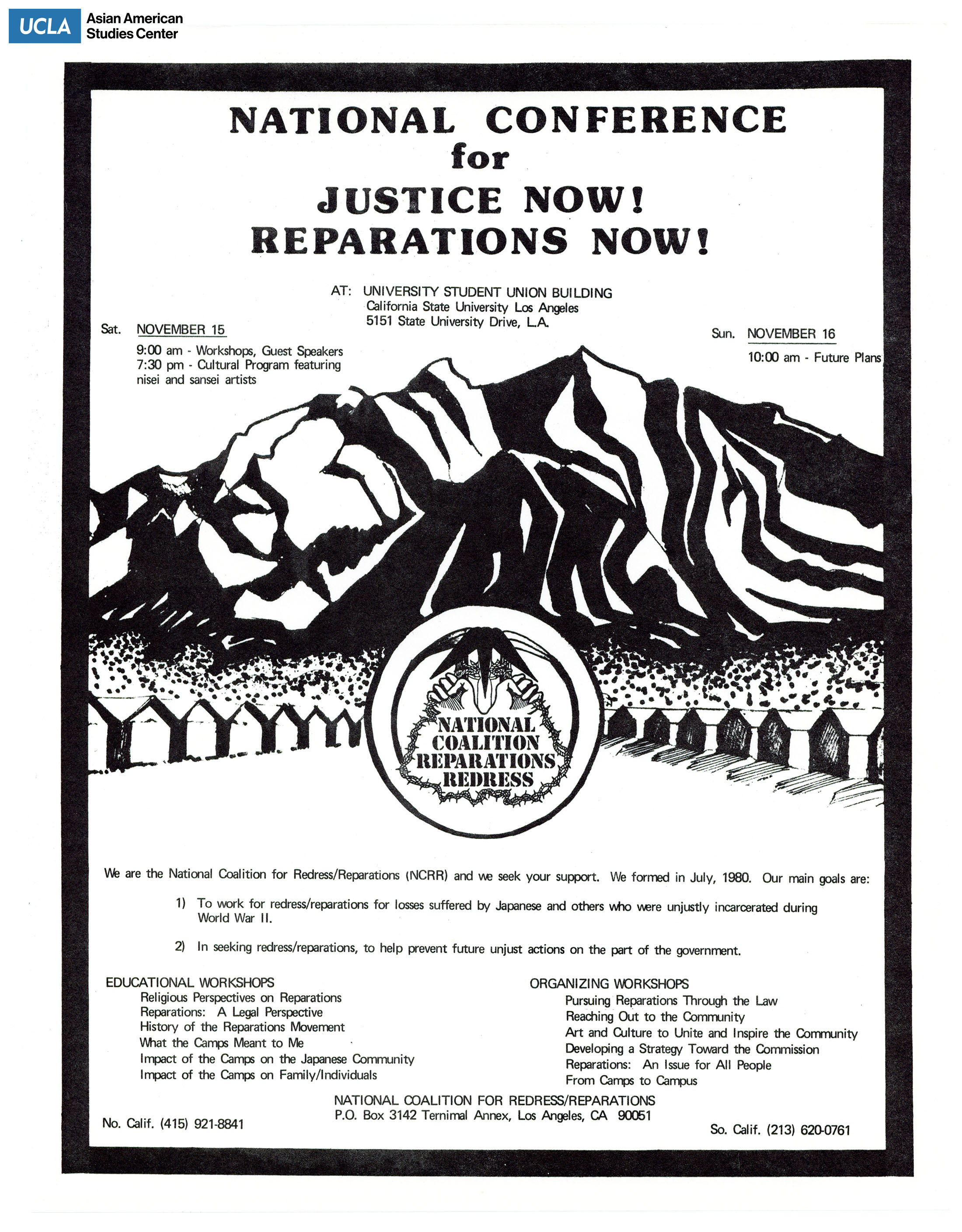 Flyer regarding a national conference for work towards Japanese American redress/reparations suffered during the incarceration during World War II.
