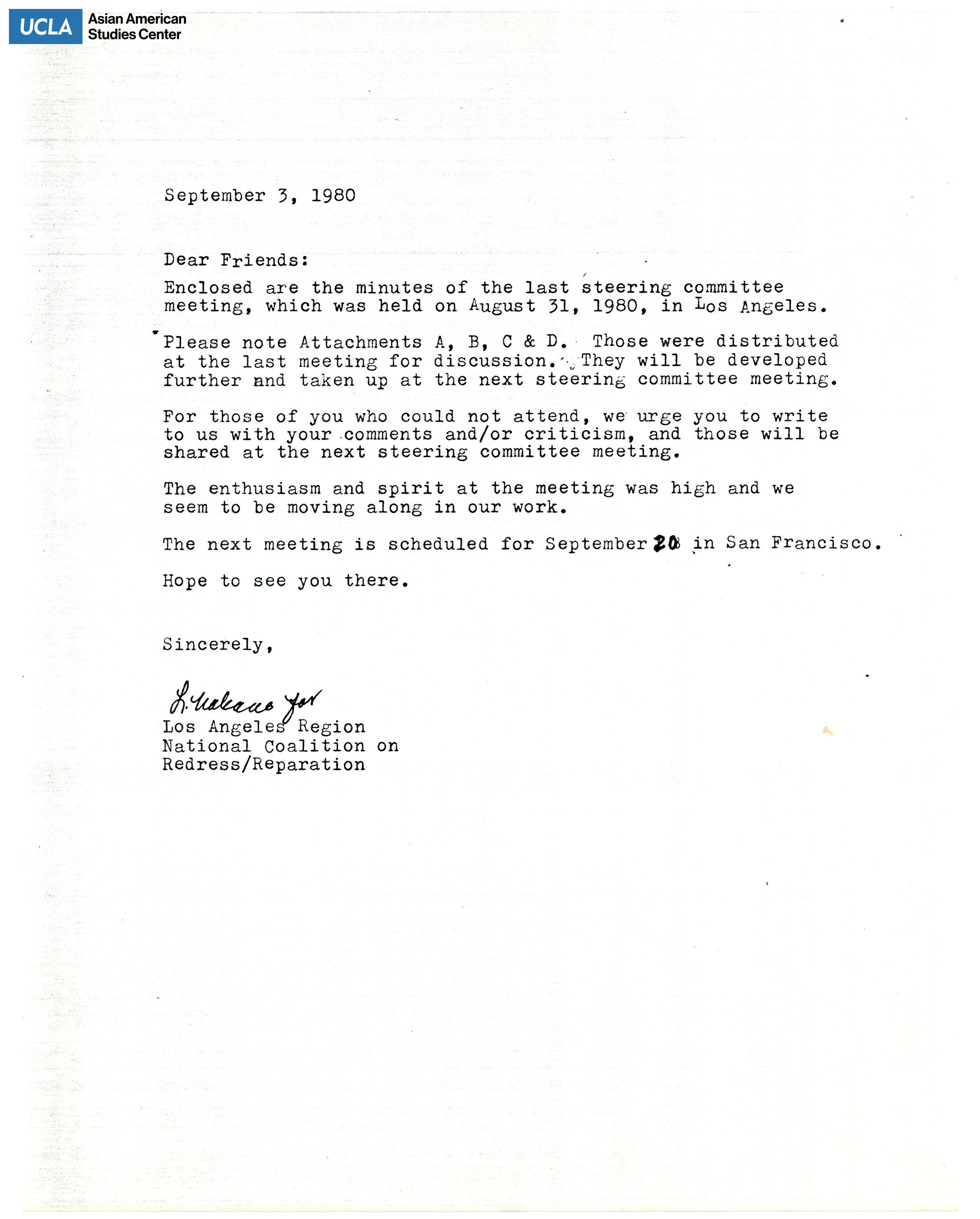Letter regarding the last steering committee meeting along with the next scheduled meeting.