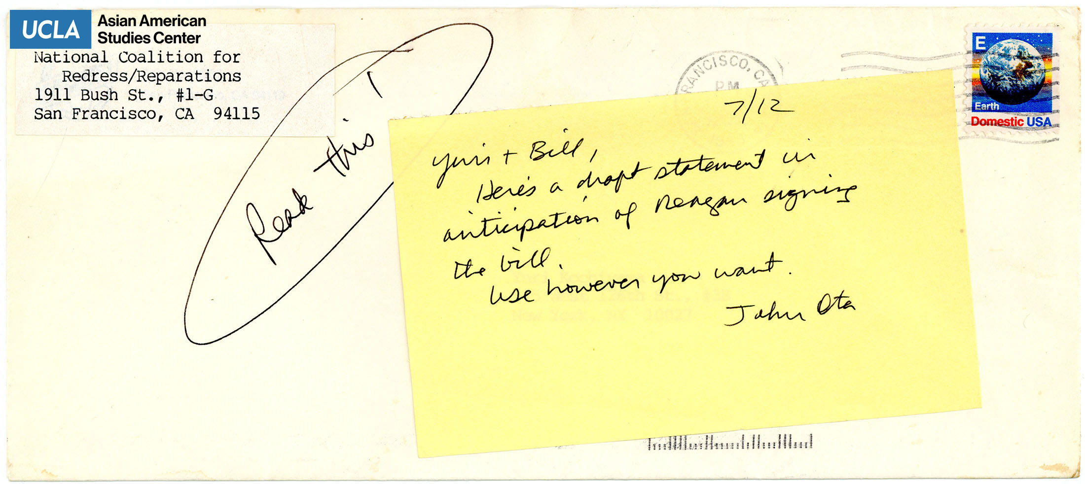 Envelope with note from John Ota on a draft statement regarding the Reagan signing the bill.