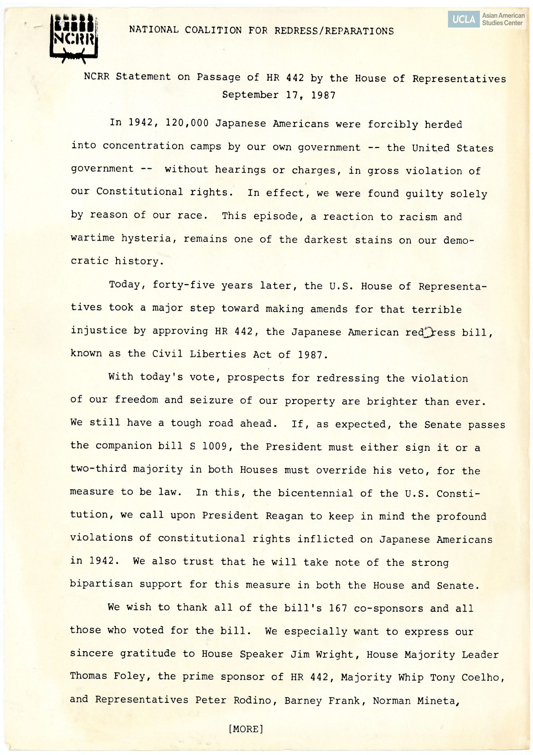 Statement regarding the passing of bill H.R. 442 and its meaning to the Japanese American community.
