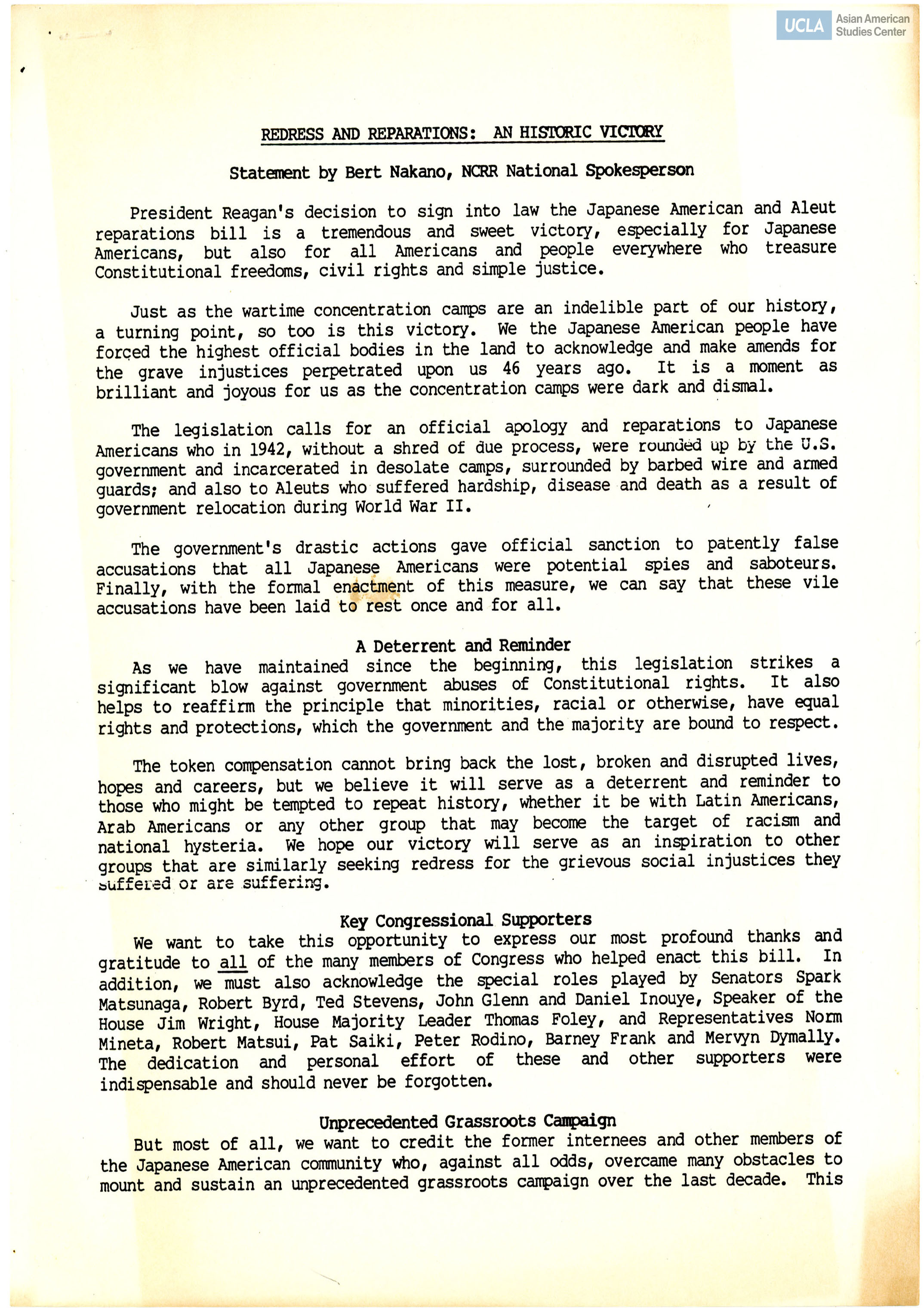 Statement by Bert Nakano regarding President Reagan's signing of Japanese American and Aluet reparations bill.