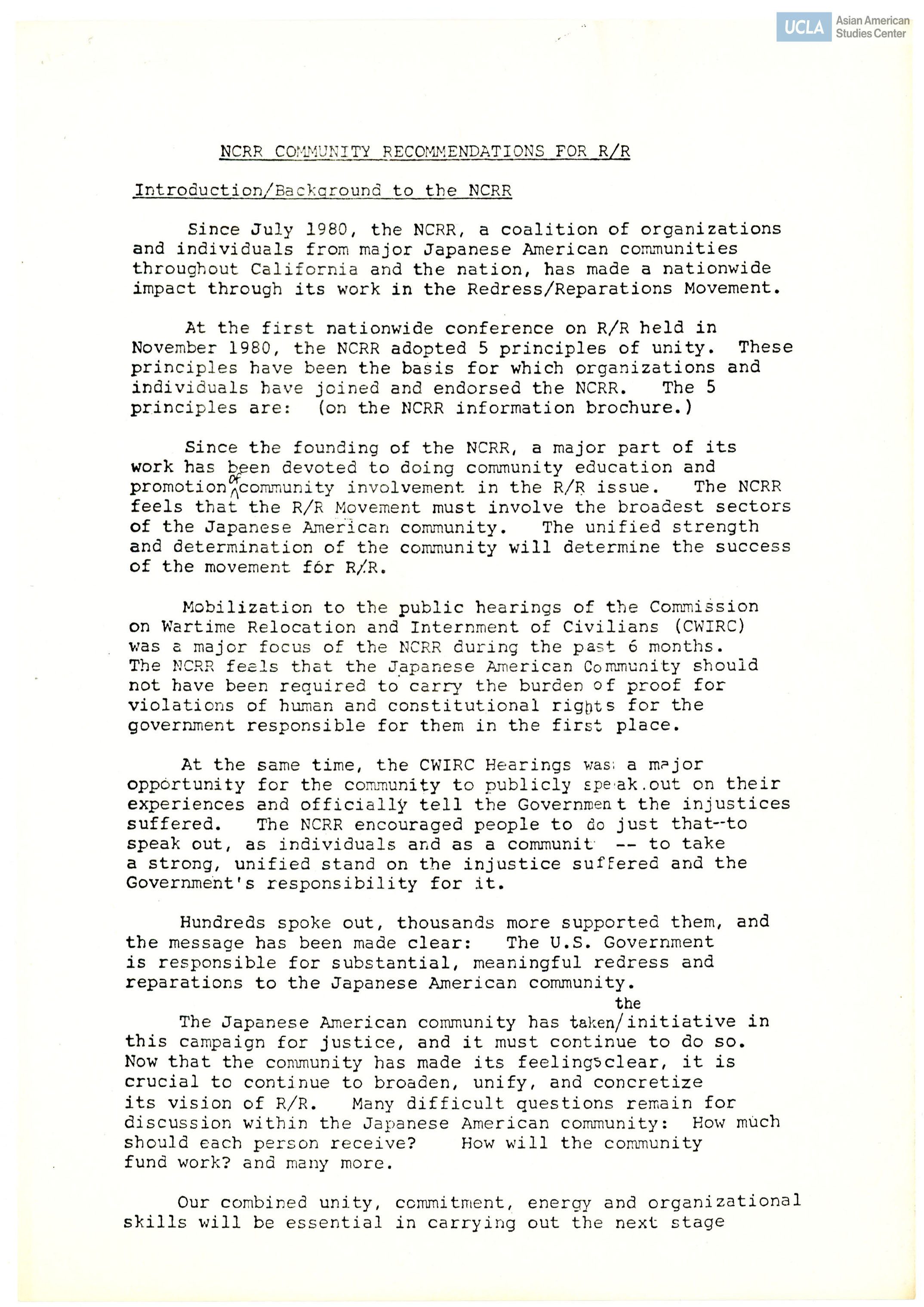 Includes introduction of NCRR, overview, and goals/objectives for redress/reparations.