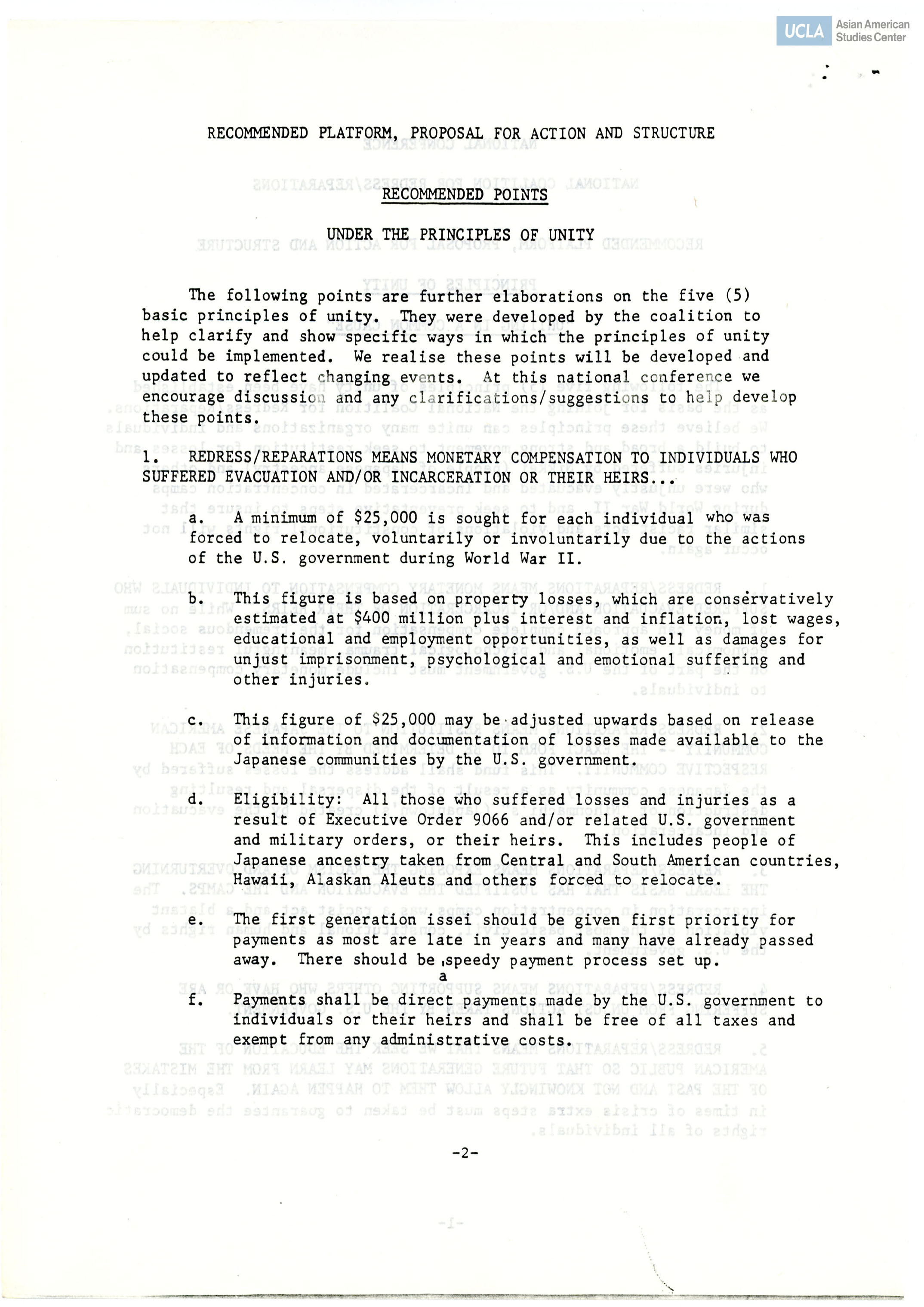 Recommended points for the principles of unity.