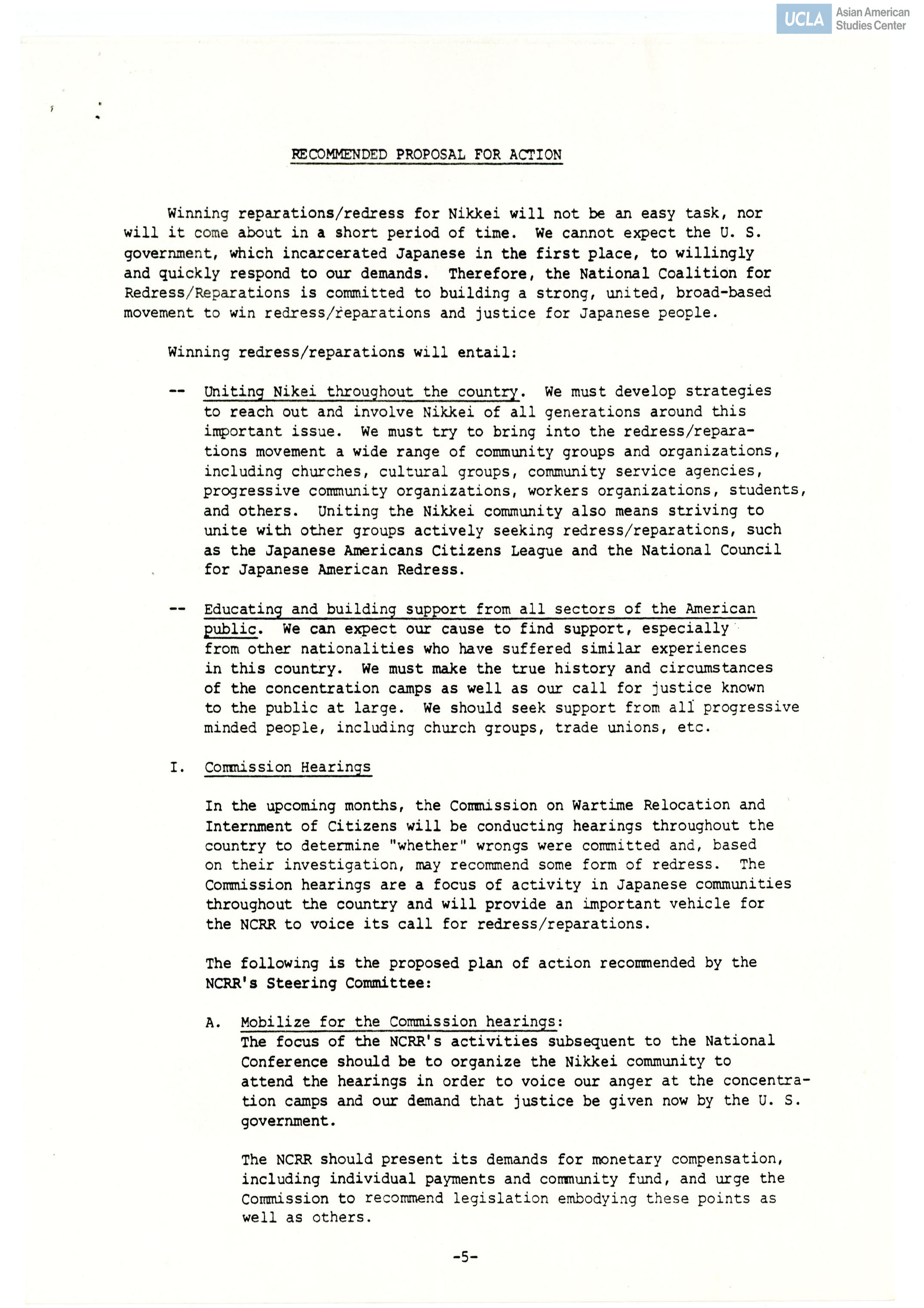 Recommended proposal for action regarding Japanese American redress/reparations.